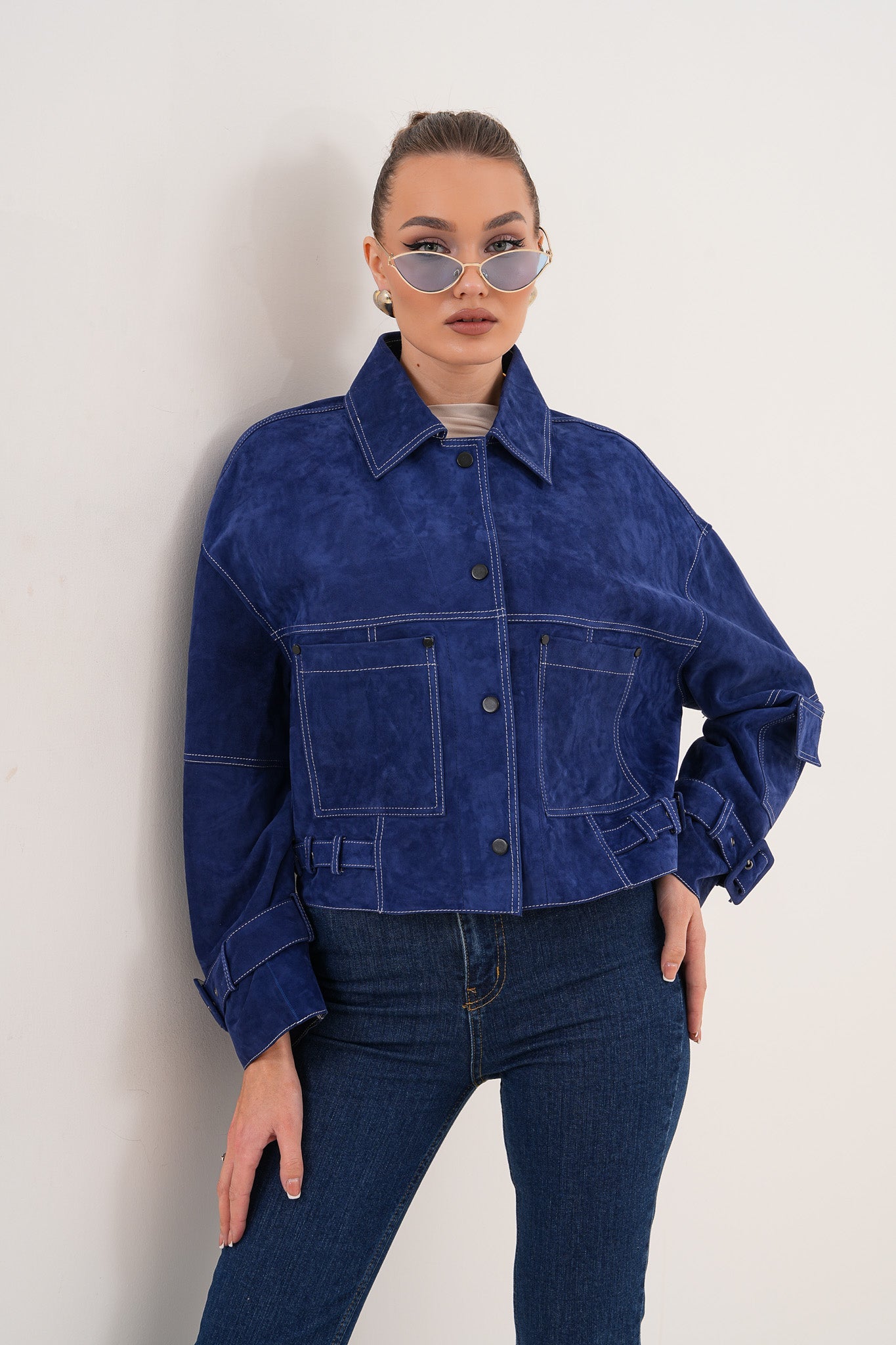 The Velmira Reversible Navy Blue Suede Leather Jacket On Sale
