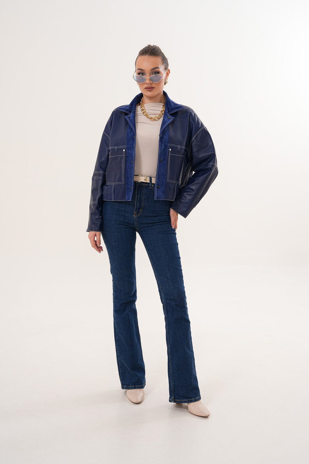 The Velmira Reversible Navy Blue Suede Leather Jacket On Sale
