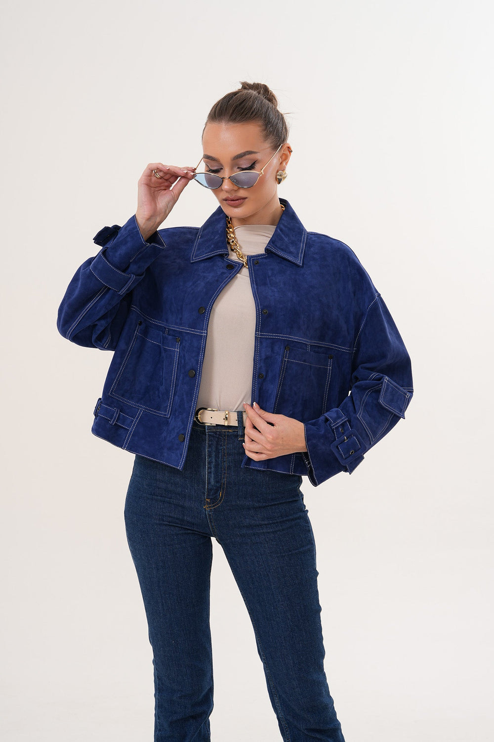 The Velmira Reversible Navy Blue Suede Leather Jacket On Sale