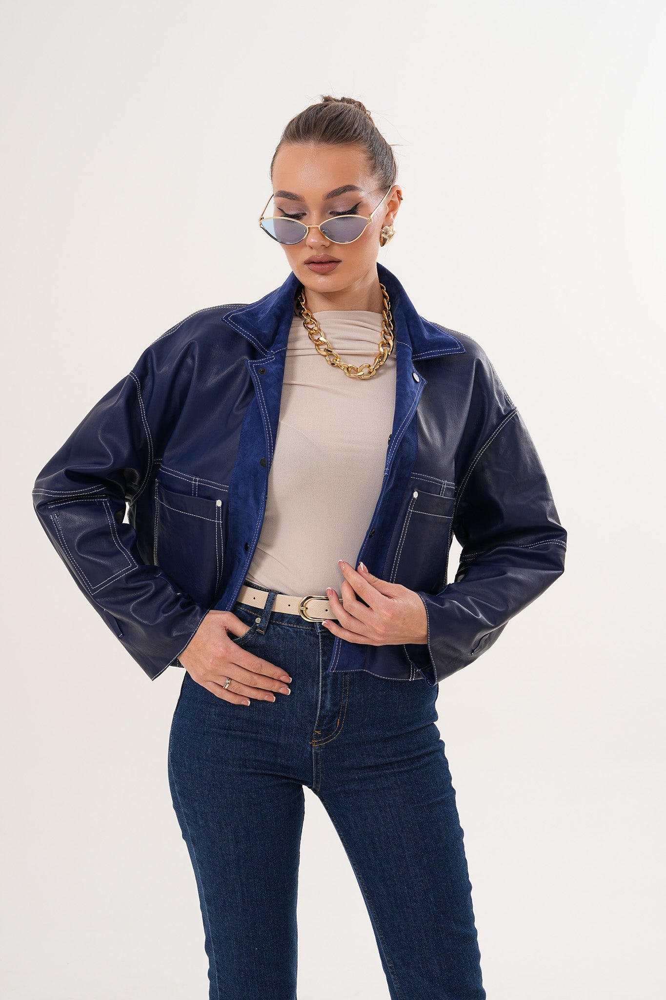 The Velmira Reversible Navy Blue Suede Leather Jacket On Sale