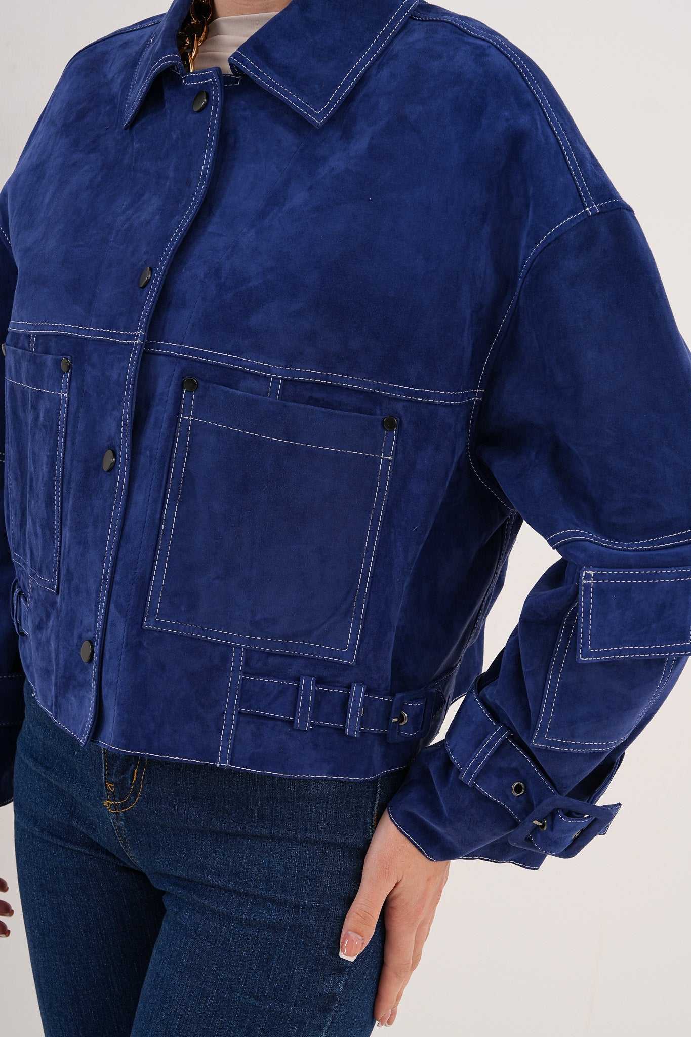 The Velmira Reversible Navy Blue Suede Leather Jacket On Sale