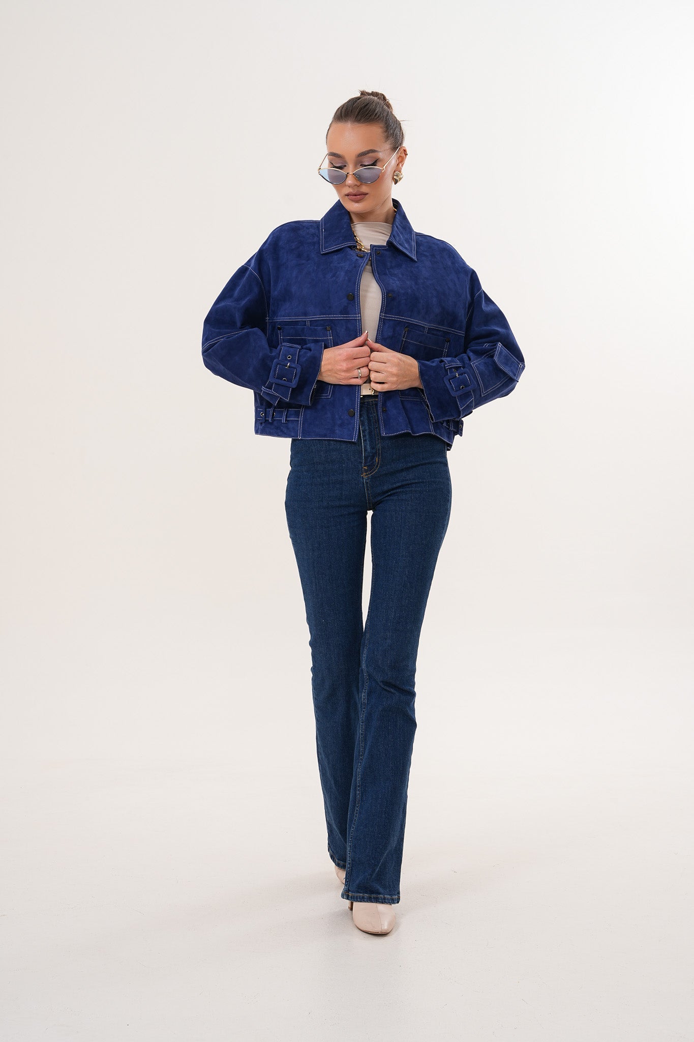 The Velmira Reversible Navy Blue Suede Leather Jacket On Sale