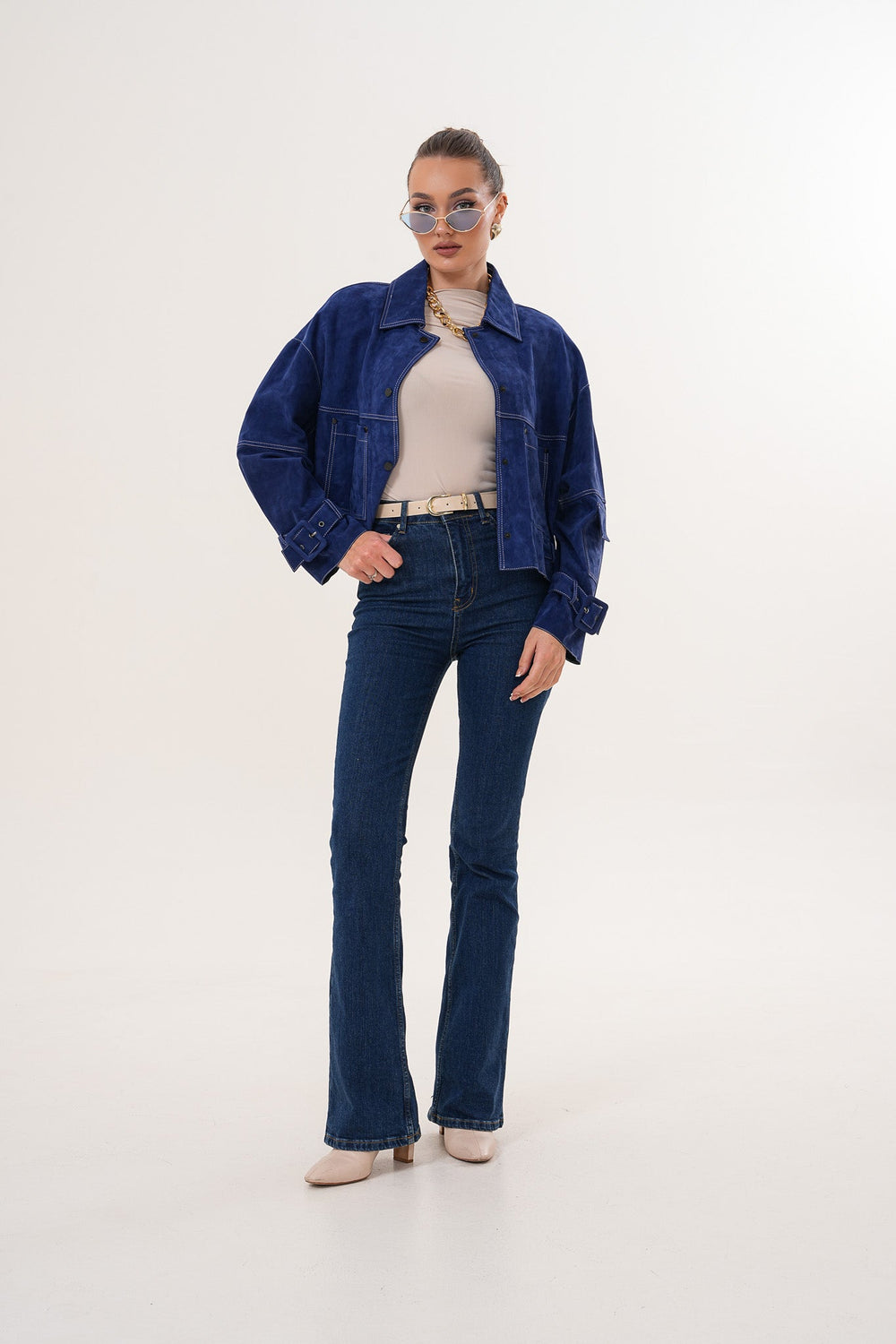 The Velmira Reversible Navy Blue Suede Leather Jacket On Sale