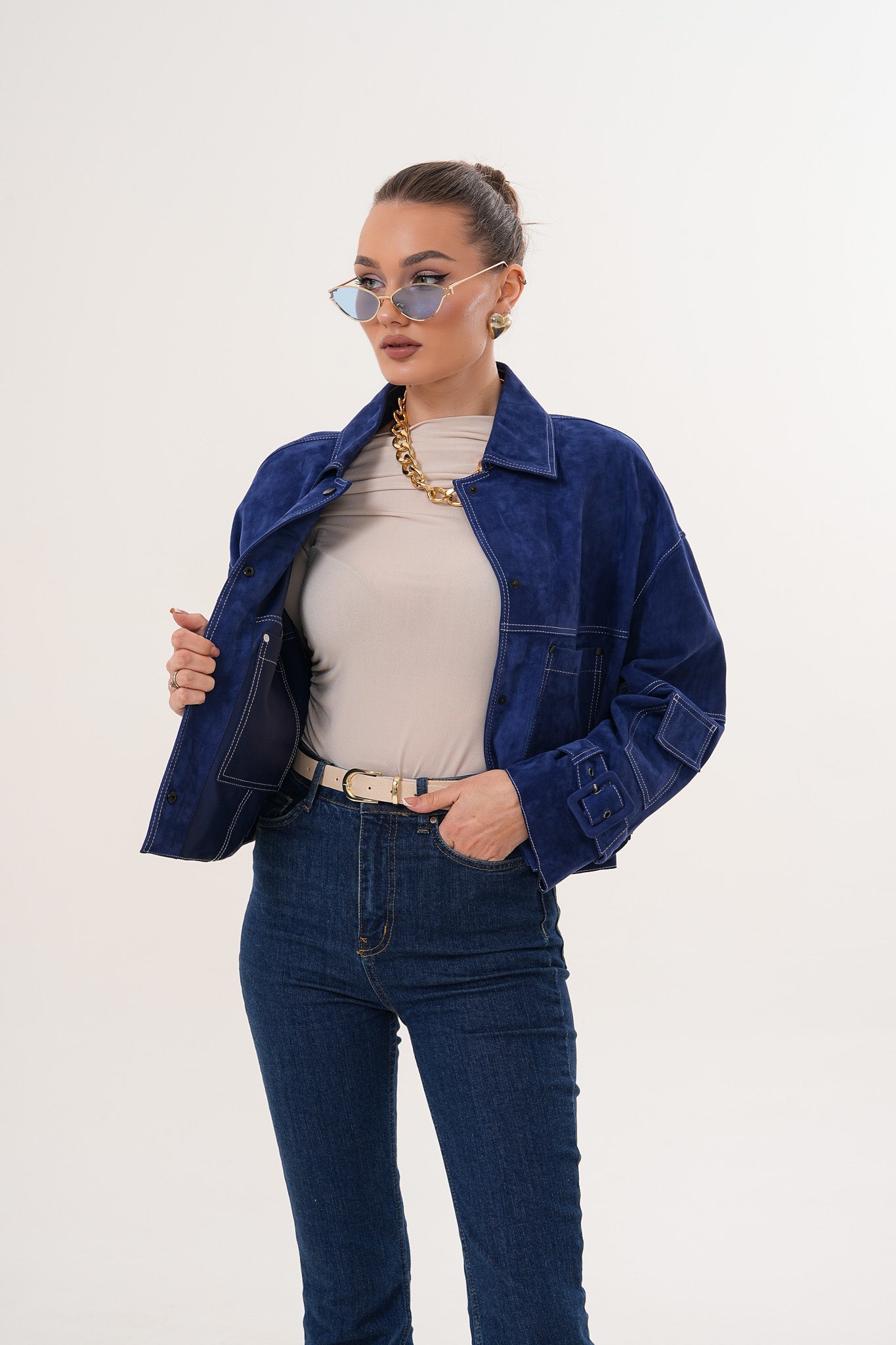 The Velmira Reversible Navy Blue Suede Leather Jacket On Sale