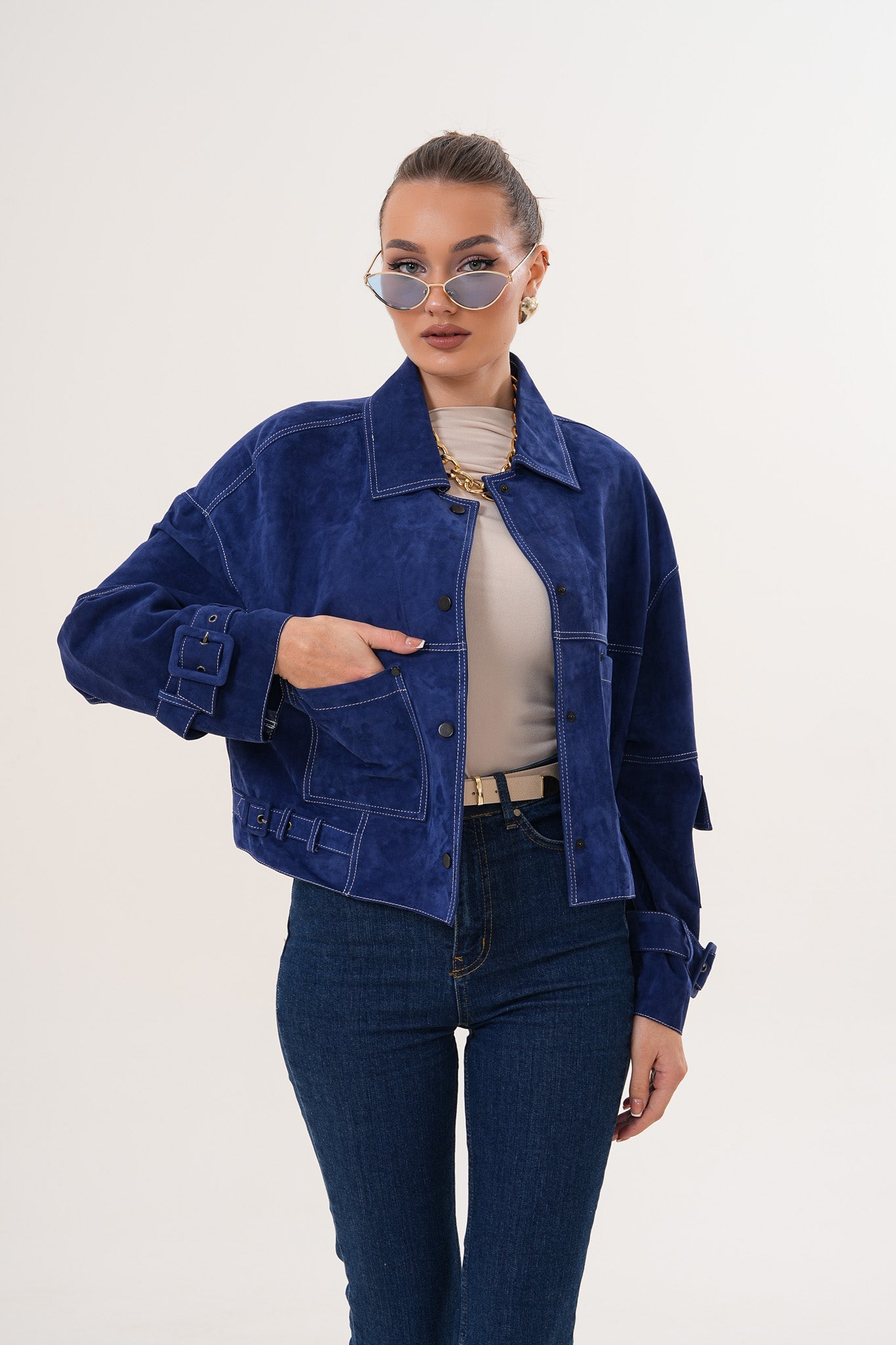 The Velmira Reversible Navy Blue Suede Leather Jacket On Sale