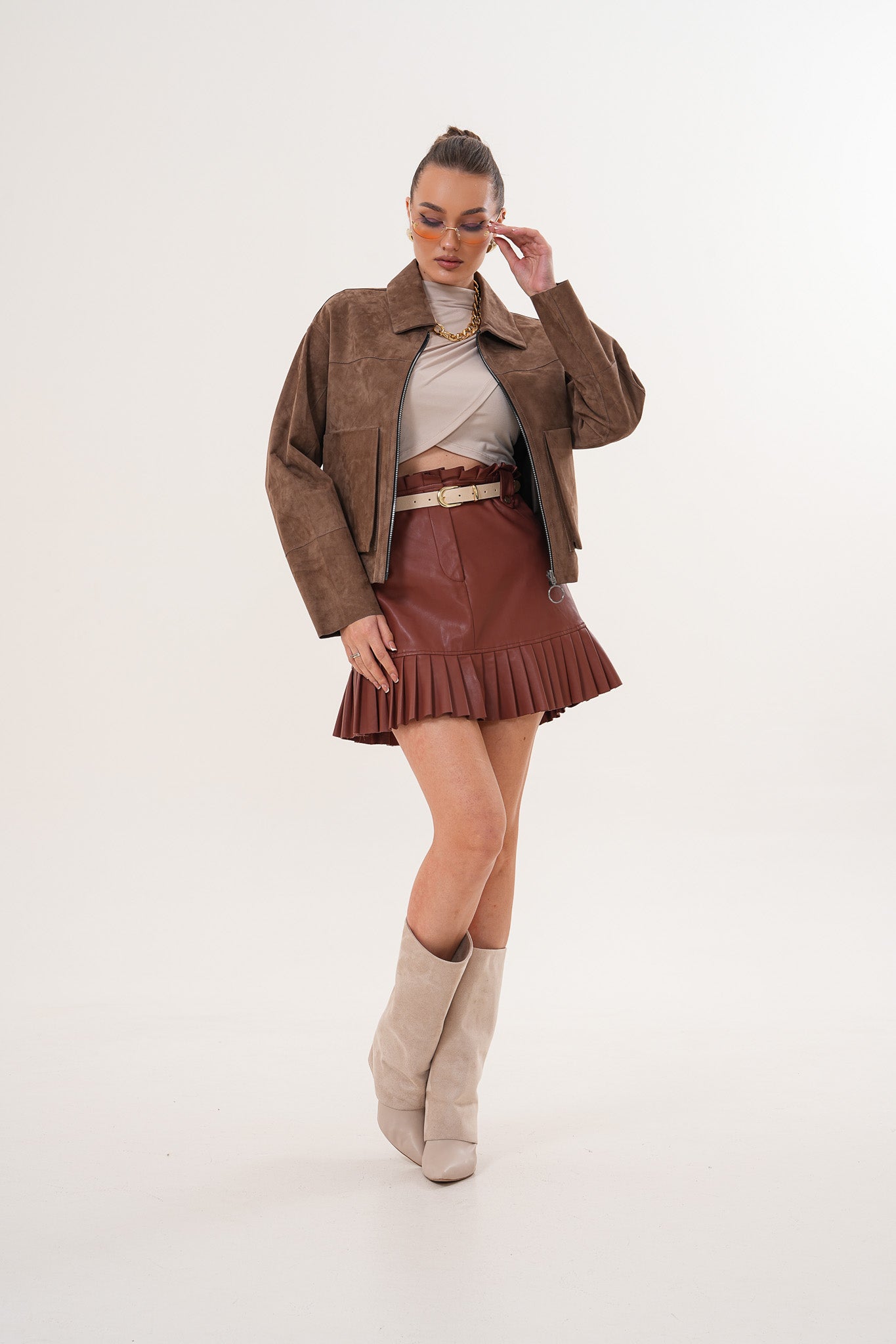 Elvoria Reversible Leather Jacket – Taupe \/ Suede Brown For Sale