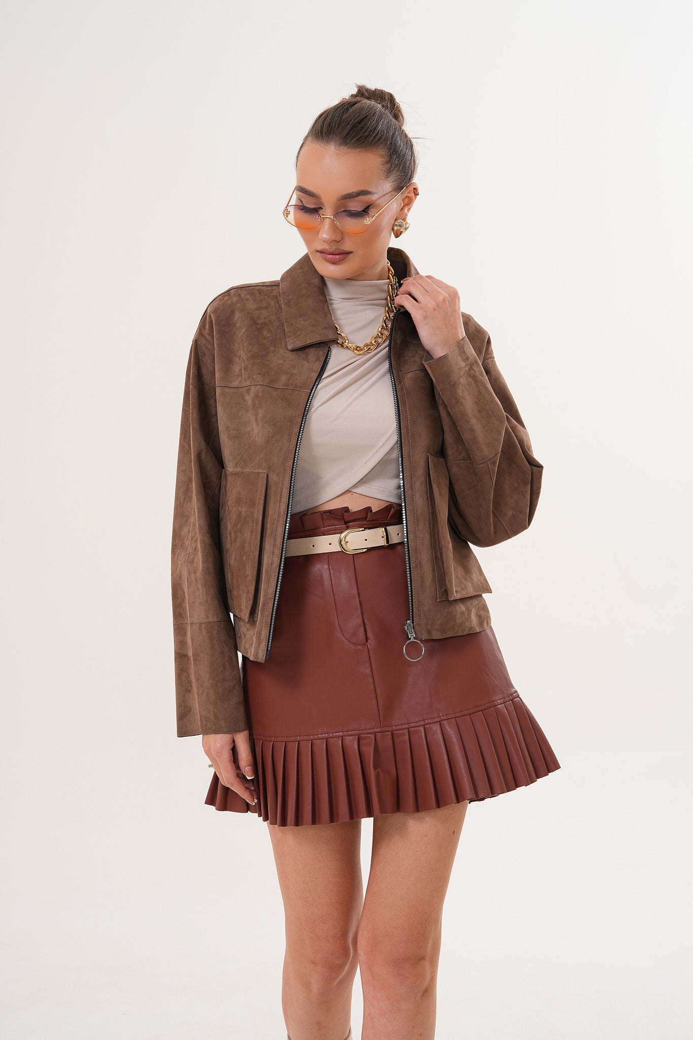 Elvoria Reversible Leather Jacket – Taupe \/ Suede Brown For Sale