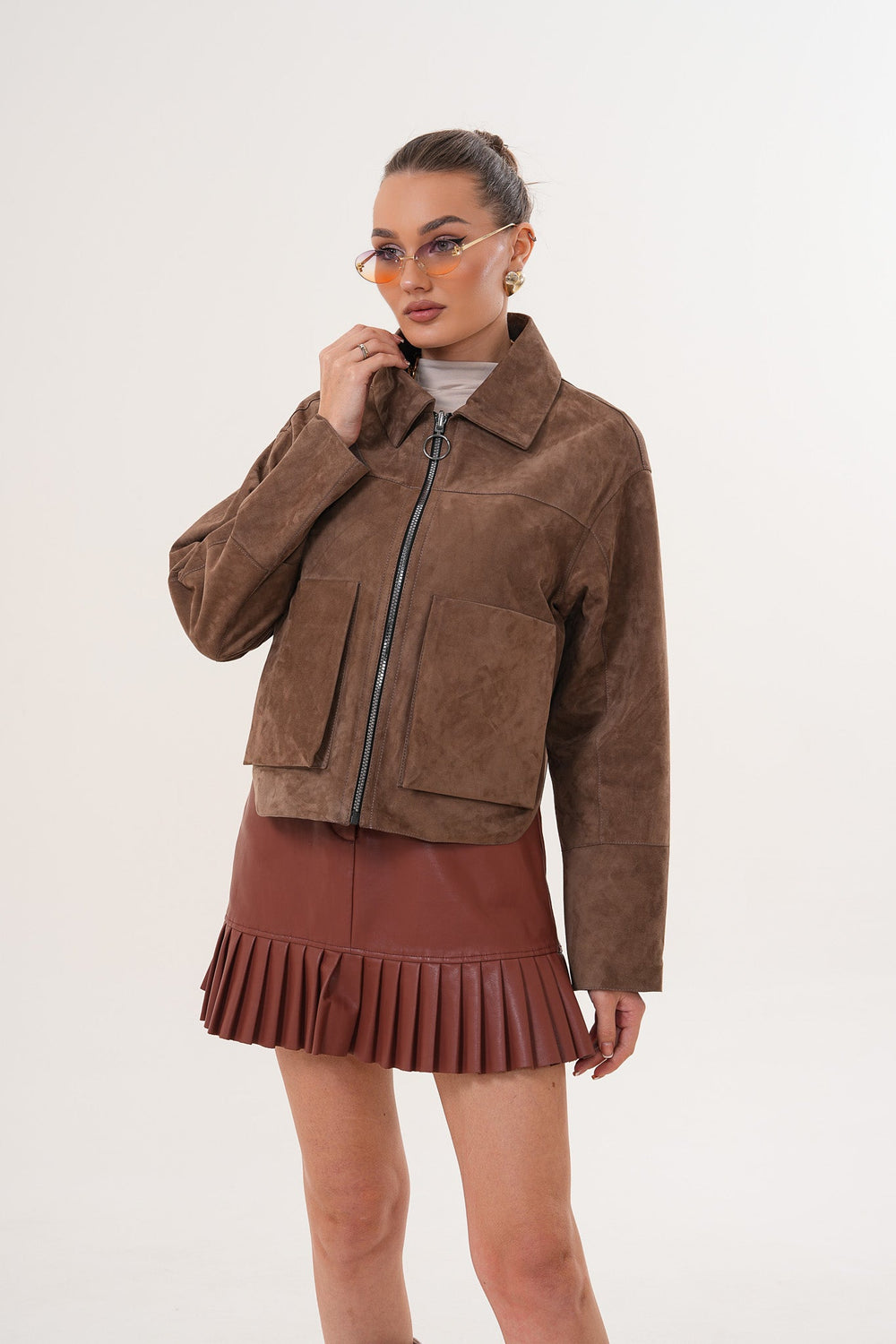 Elvoria Reversible Leather Jacket – Taupe \/ Suede Brown For Sale