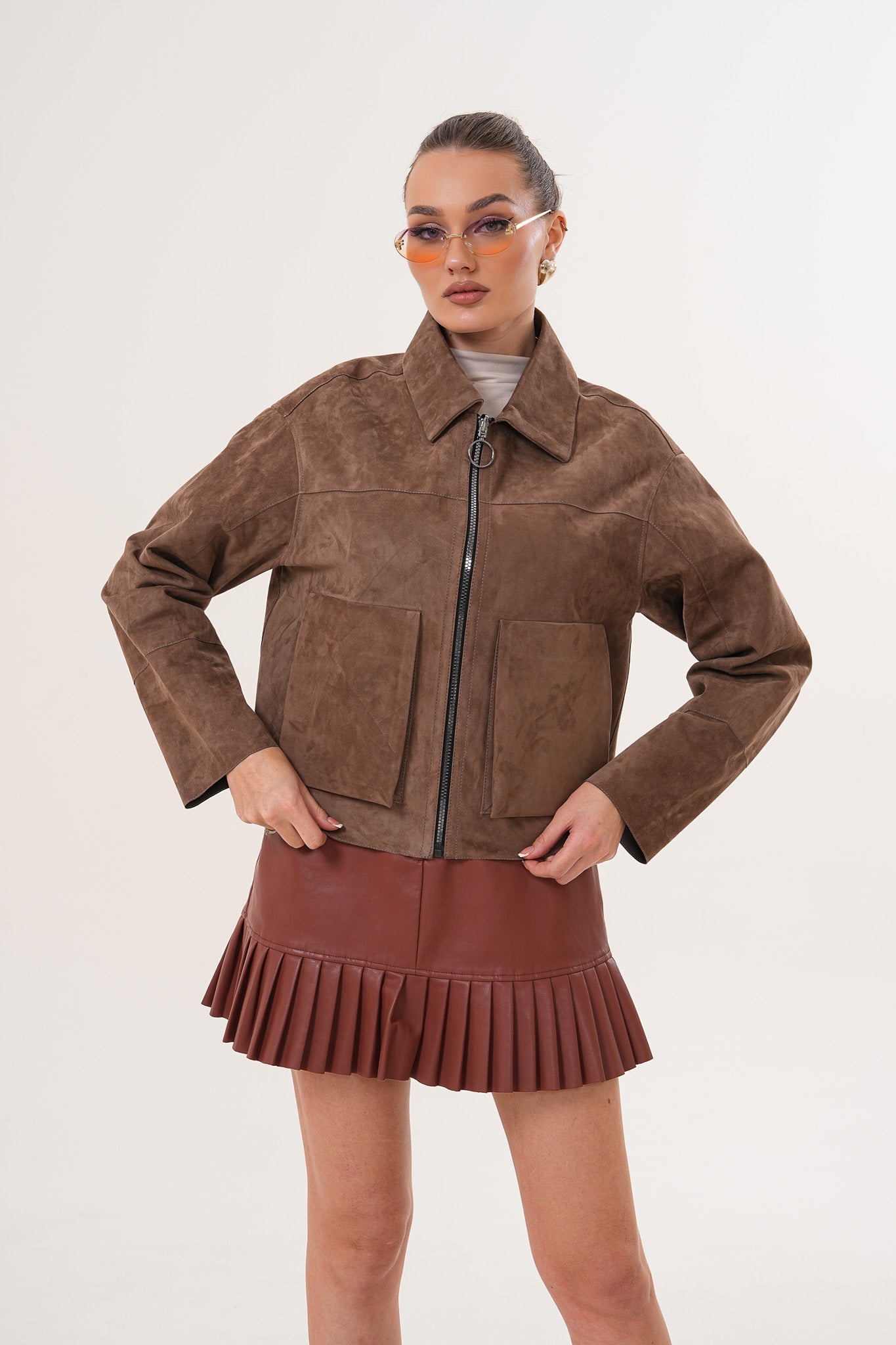 Elvoria Reversible Leather Jacket – Taupe \/ Suede Brown For Sale