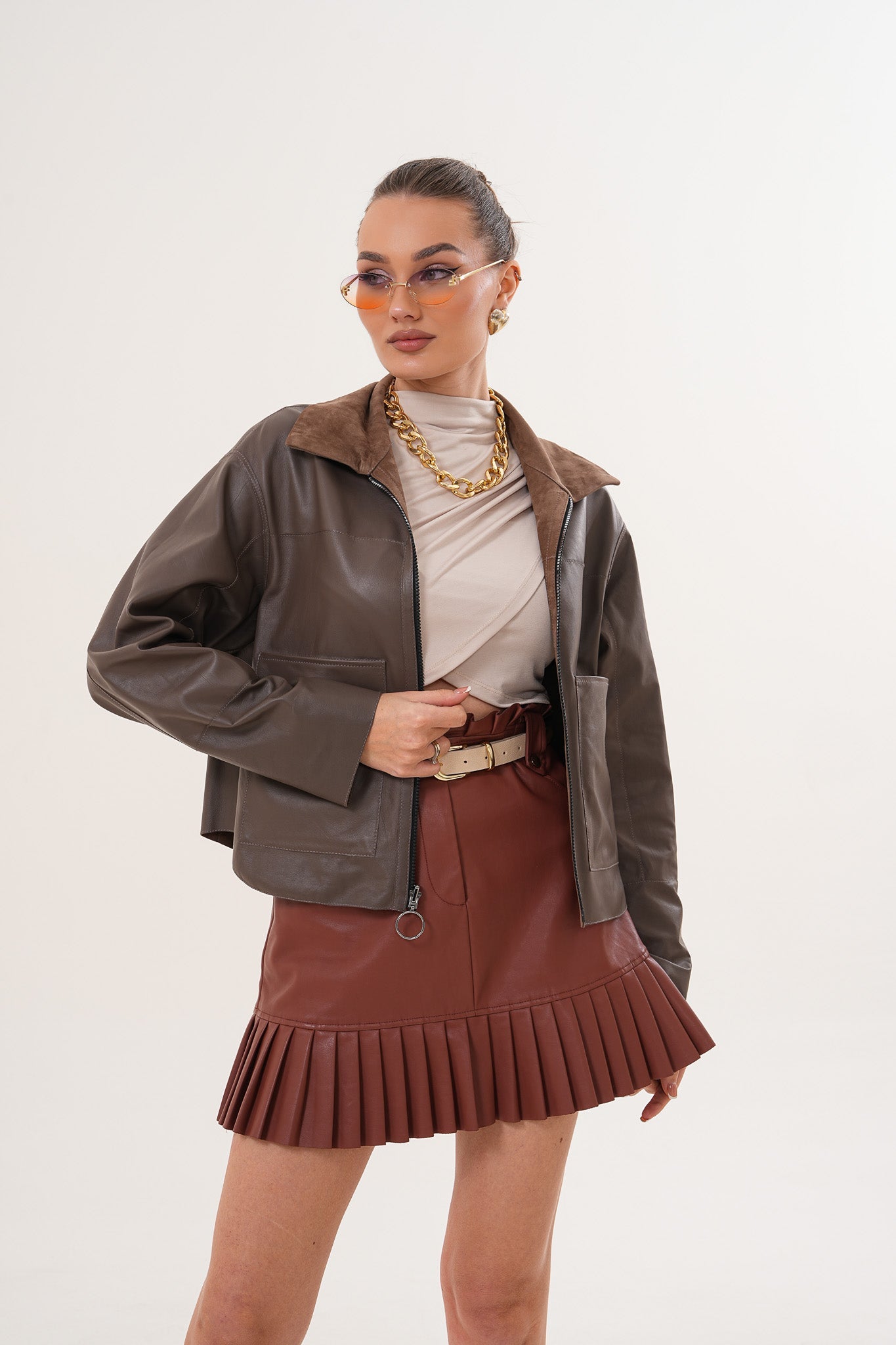 Elvoria Reversible Leather Jacket – Taupe \/ Suede Brown For Sale