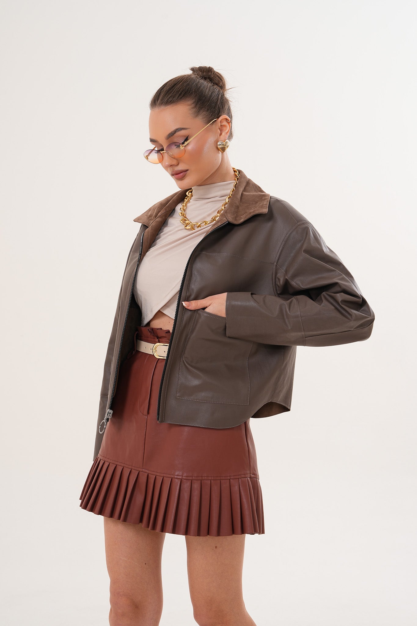 Elvoria Reversible Leather Jacket – Taupe \/ Suede Brown For Sale