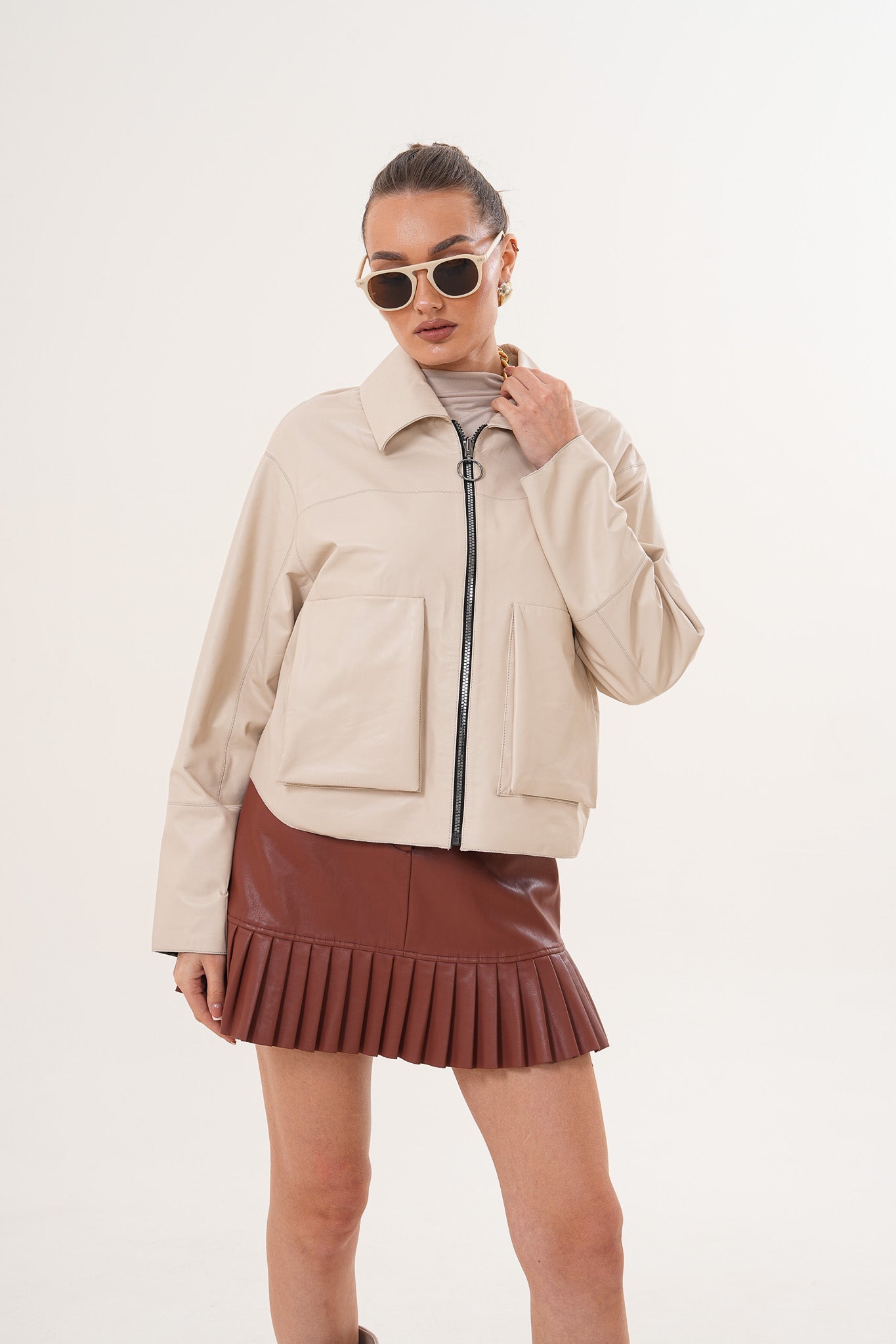 The Elvoria Reversible Beige Leather Jacket Universal Fit