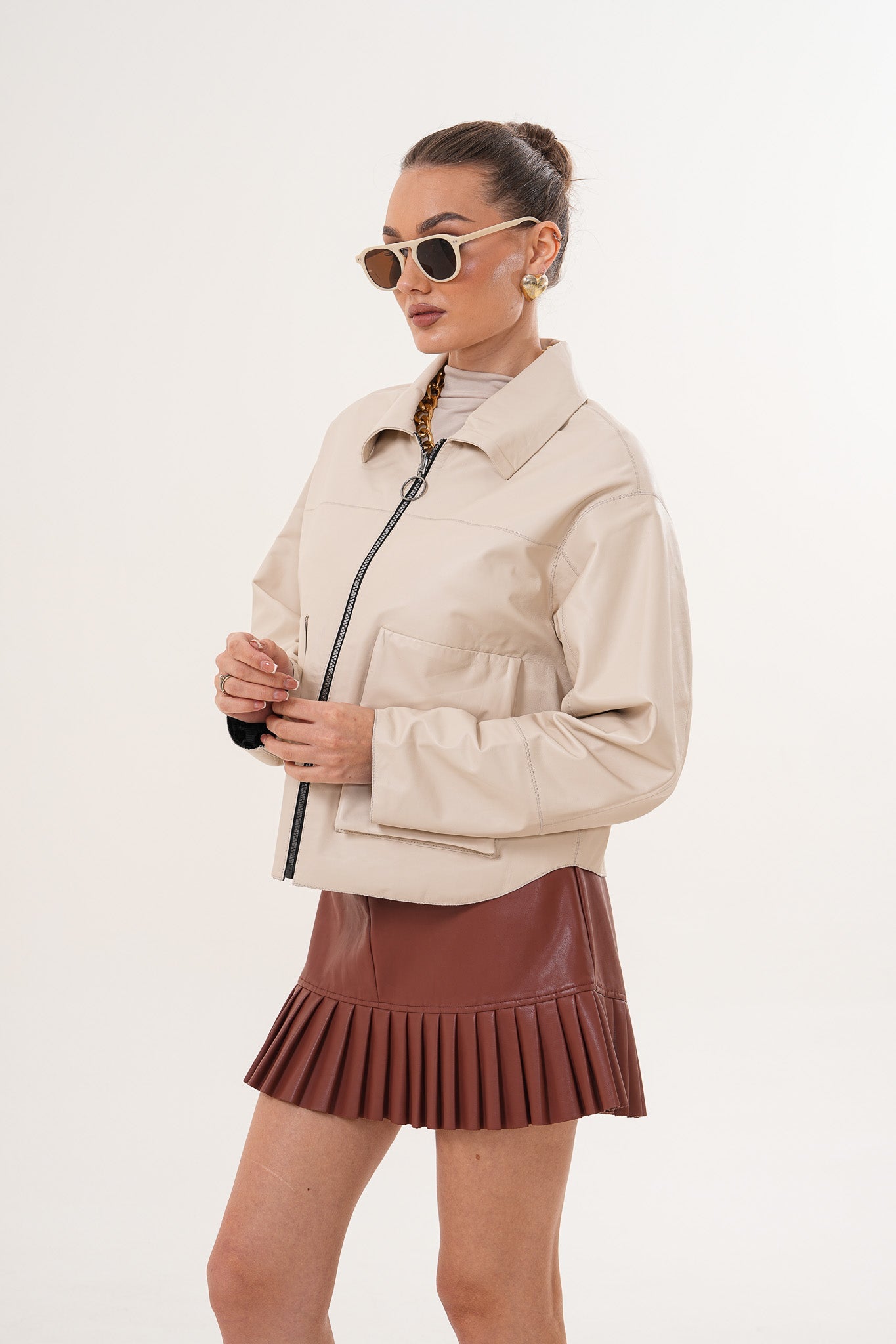 The Elvoria Reversible Beige Leather Jacket Universal Fit
