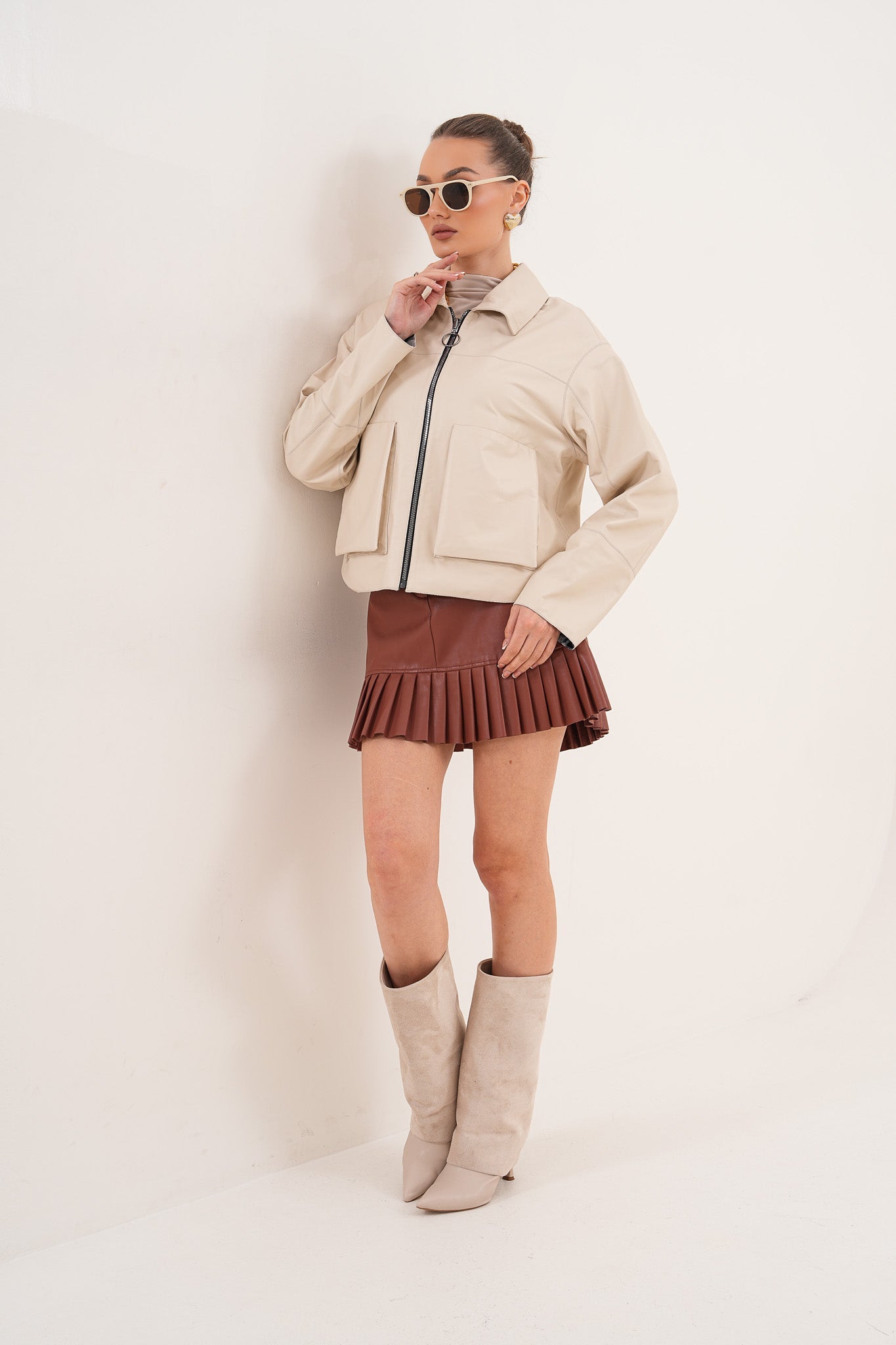 The Elvoria Reversible Beige Leather Jacket Universal Fit