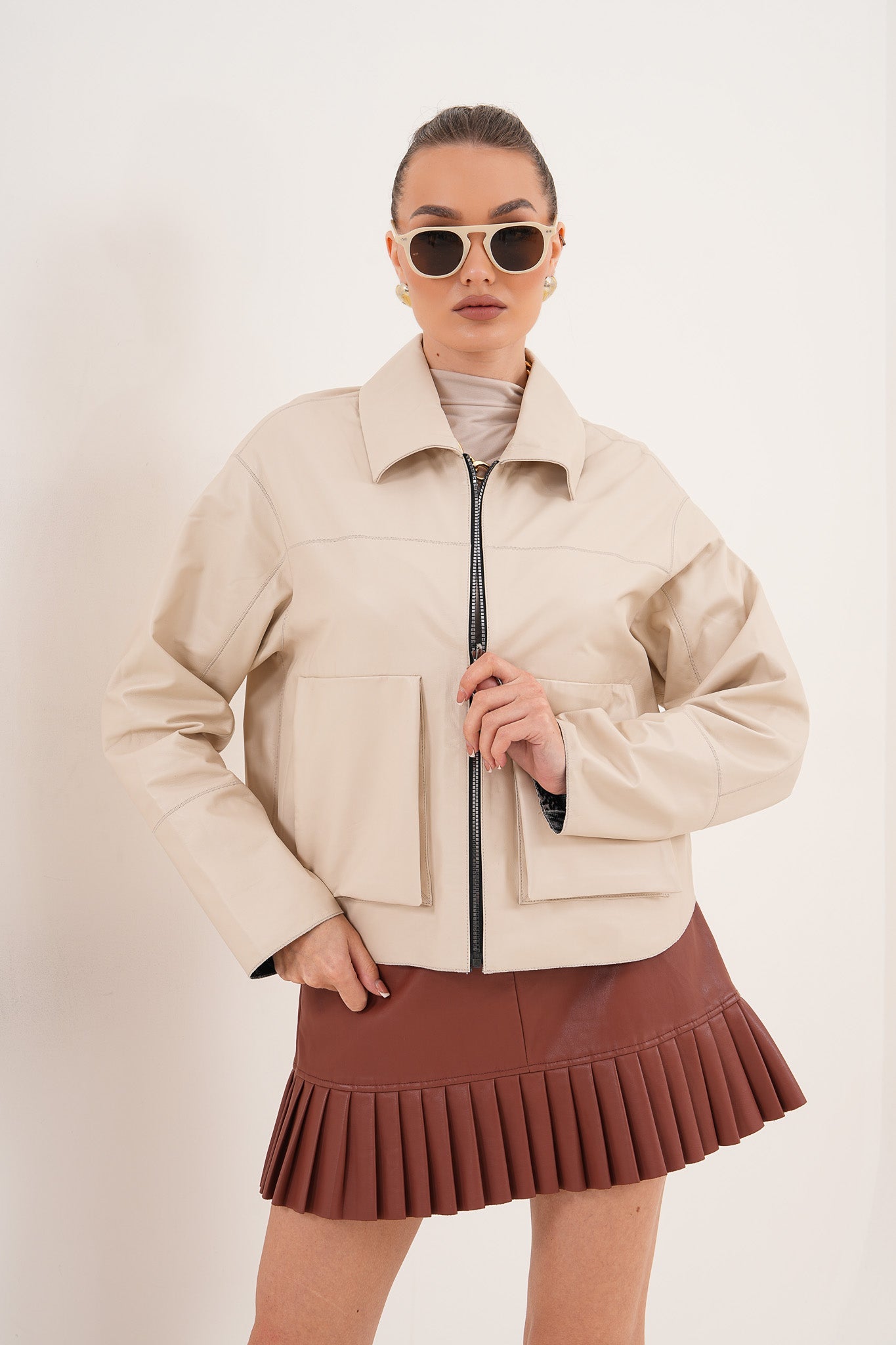 The Elvoria Reversible Beige Leather Jacket Universal Fit