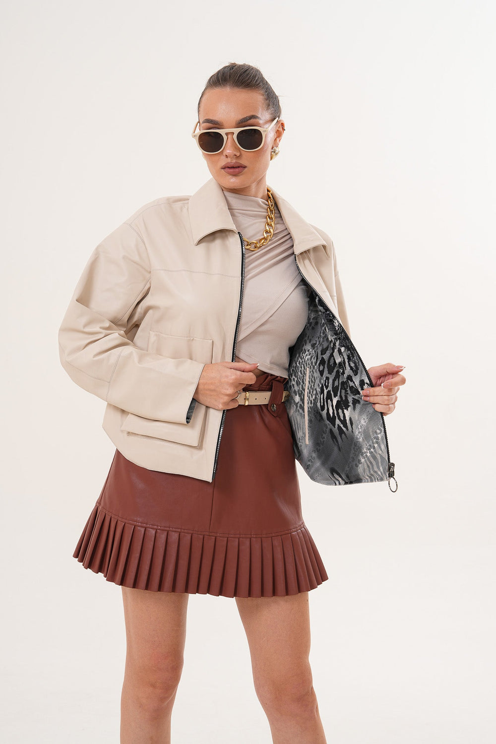 The Elvoria Reversible Beige Leather Jacket Universal Fit