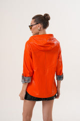 The Nyxara Reversible Hooded Orange Leather Jacket Fine Craftsmanship