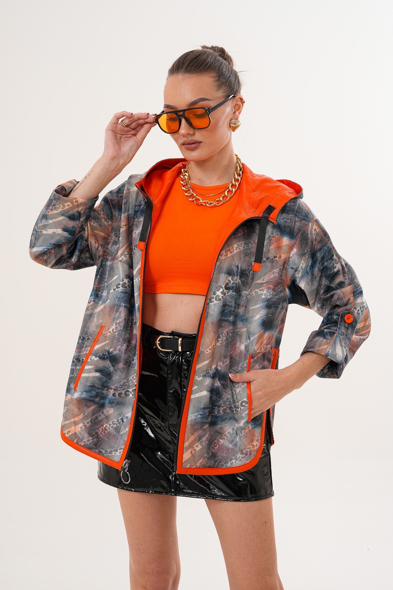 The Nyxara Reversible Hooded Orange Leather Jacket Fine Craftsmanship
