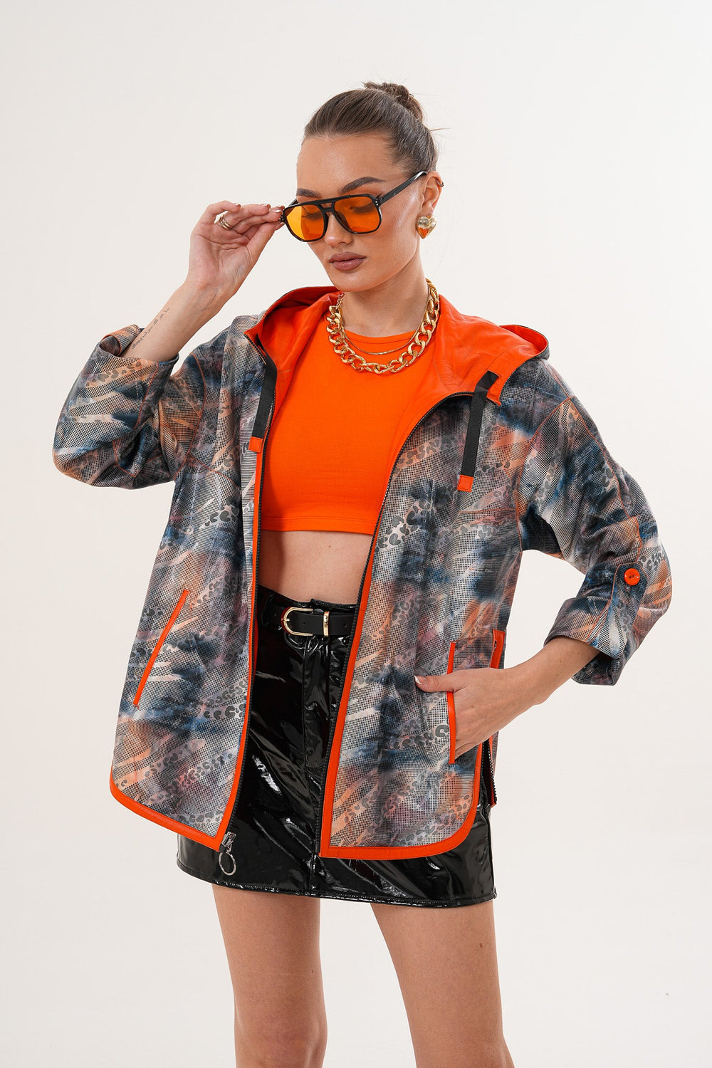 The Nyxara Reversible Hooded Orange Leather Jacket Fine Craftsmanship