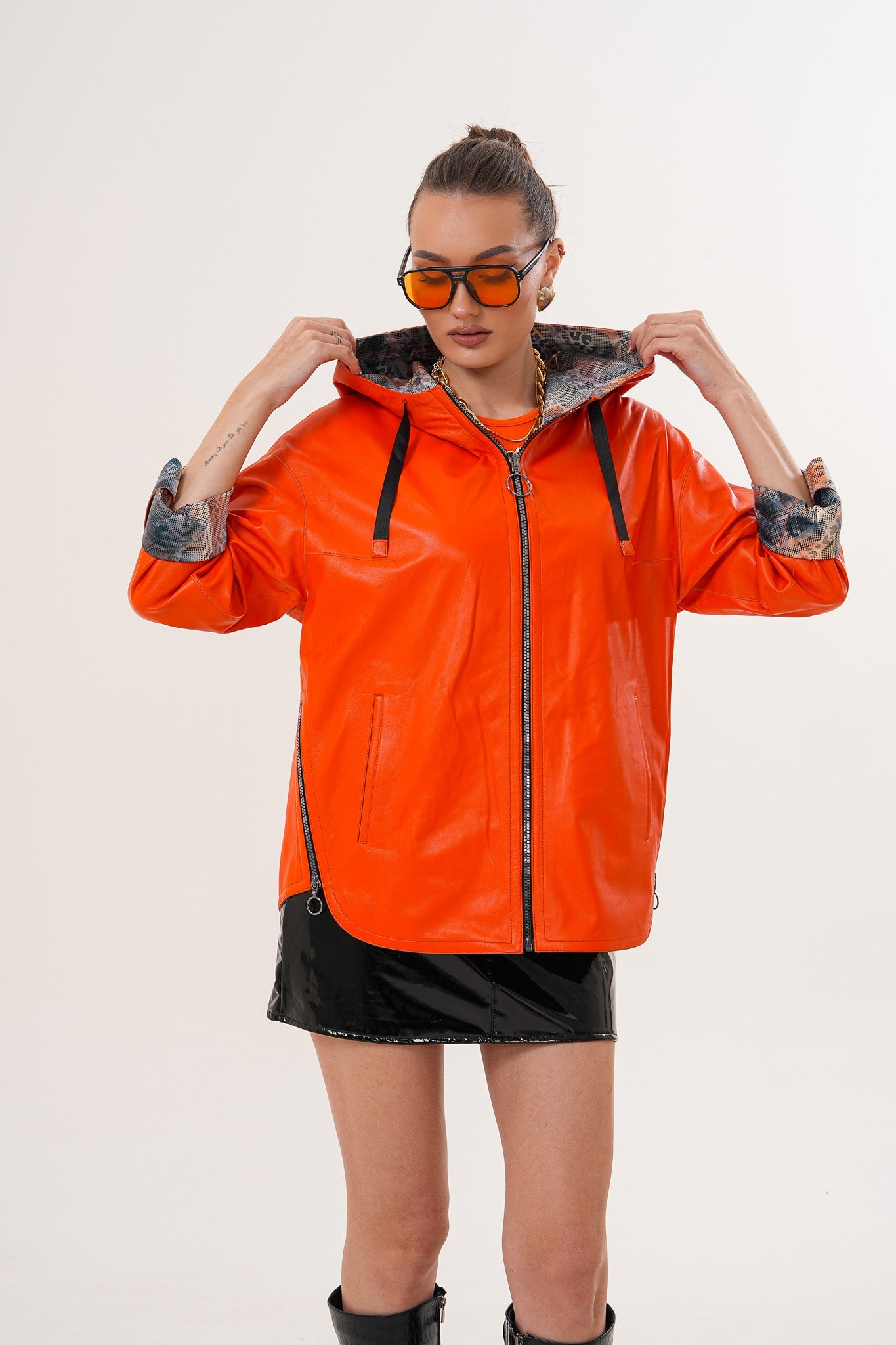 The Nyxara Reversible Hooded Orange Leather Jacket Fine Craftsmanship