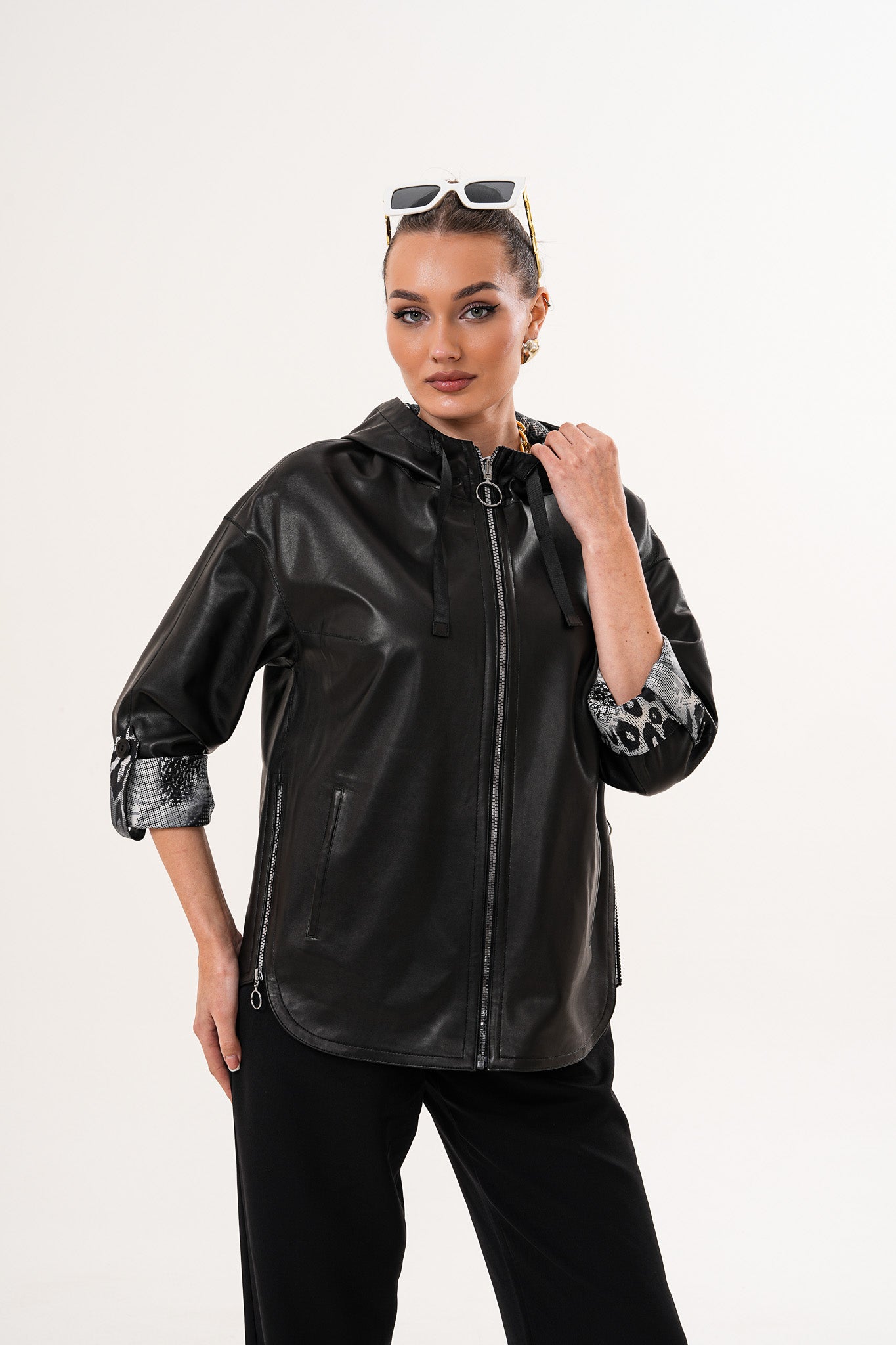 The Nyxara Reversible Hooded Black Leather Jacket Exclusive Style