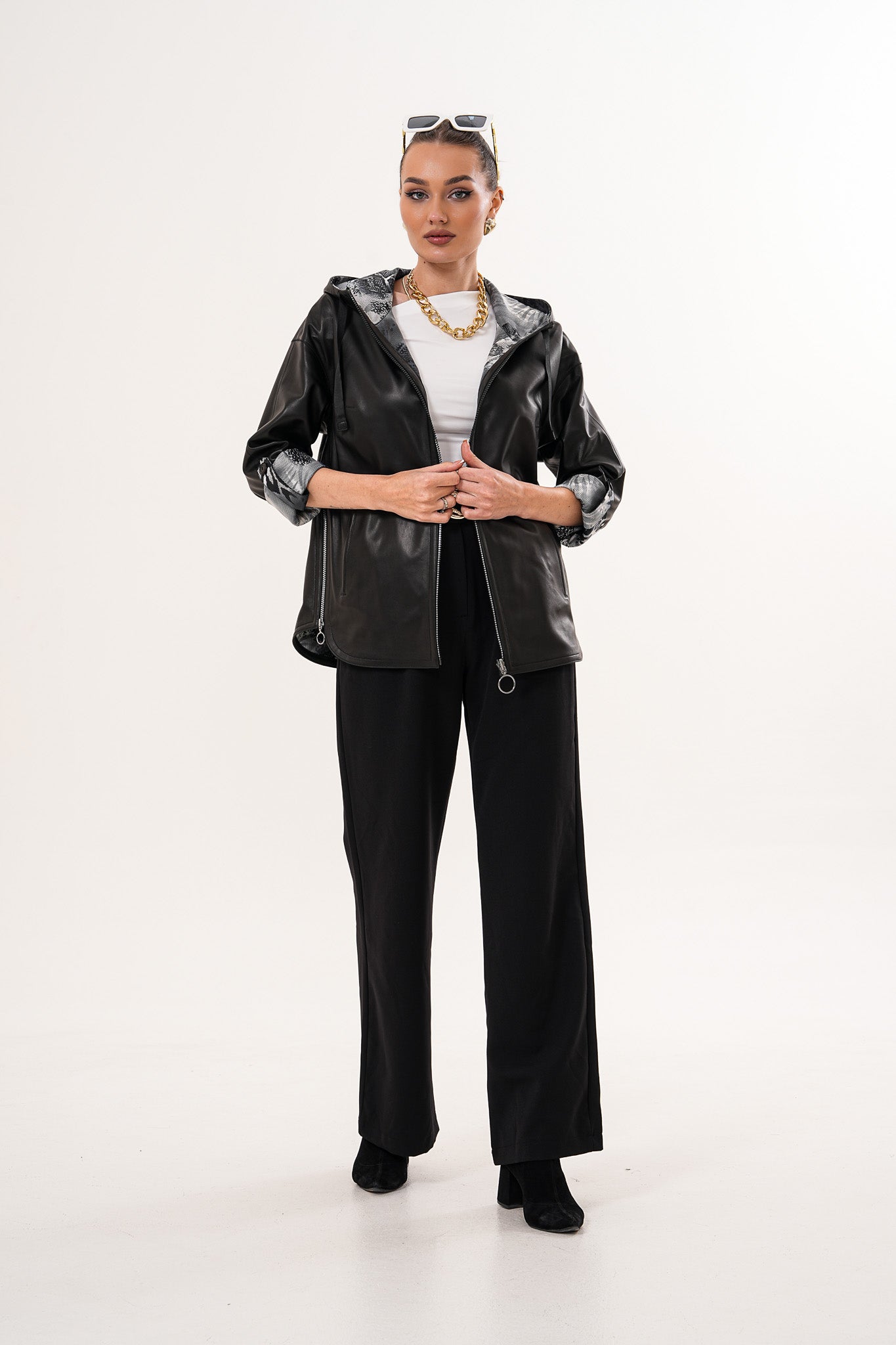 The Nyxara Reversible Hooded Black Leather Jacket Exclusive Style