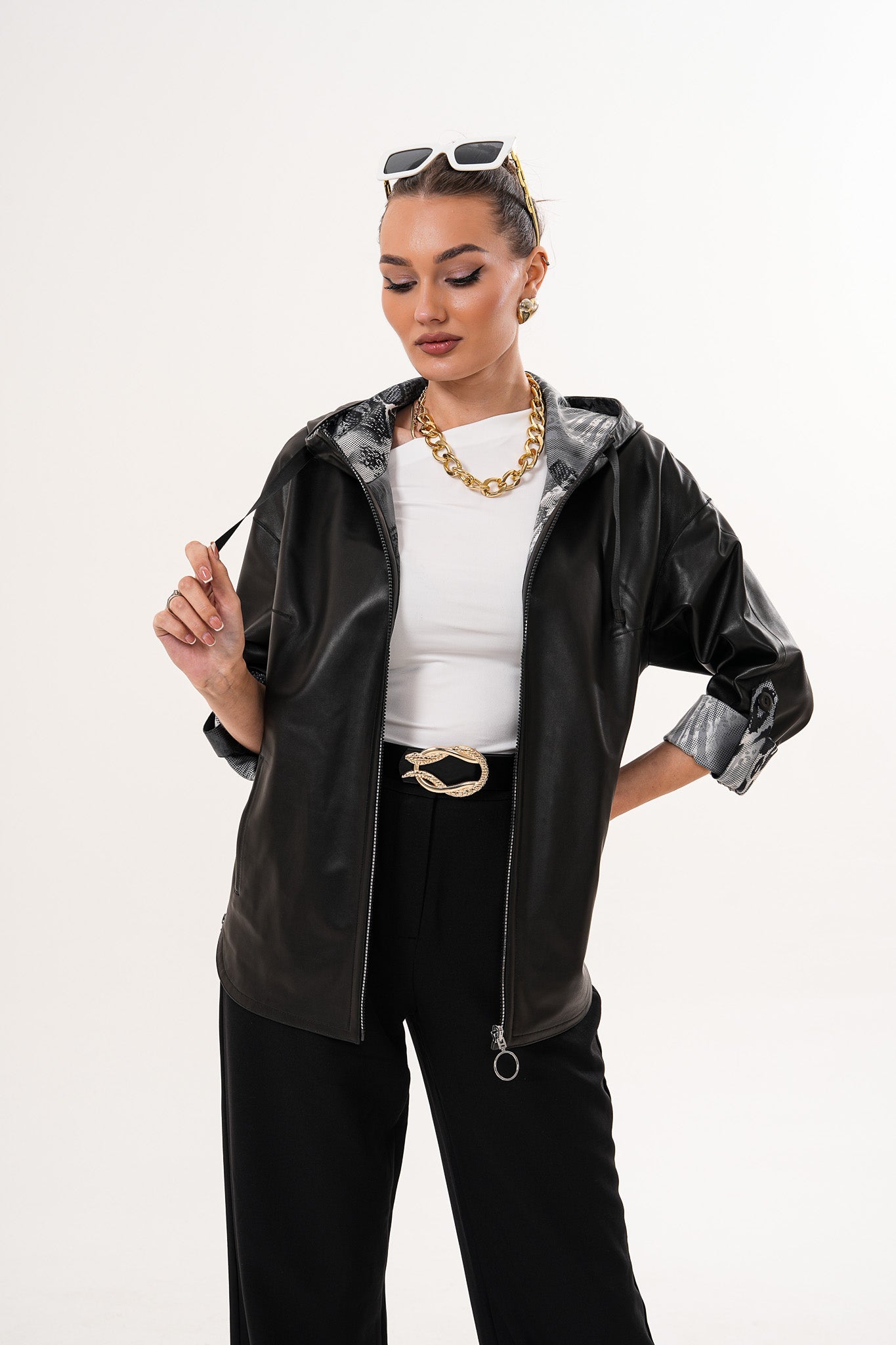 The Nyxara Reversible Hooded Black Leather Jacket Exclusive Style