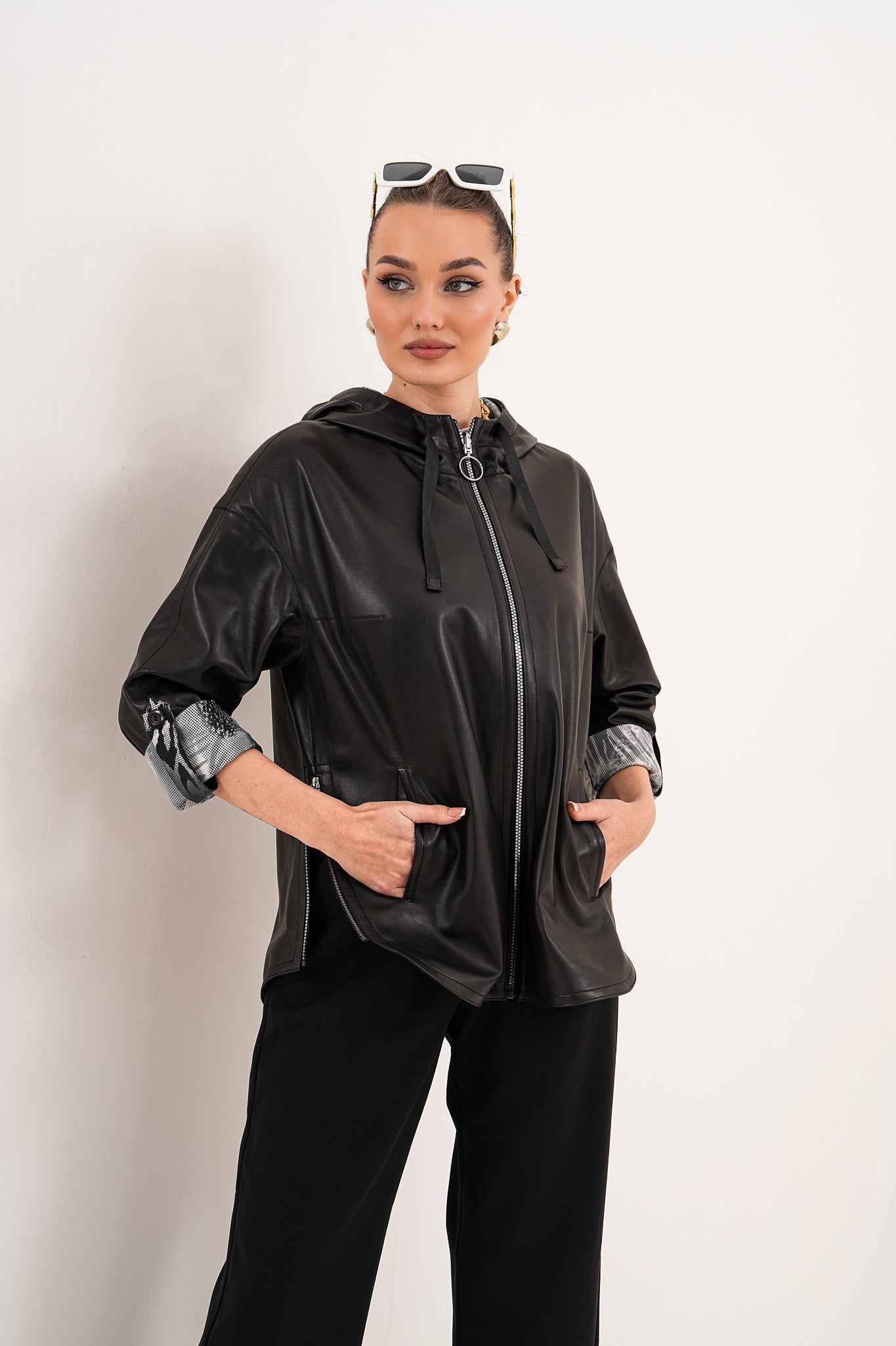 The Nyxara Reversible Hooded Black Leather Jacket Exclusive Style