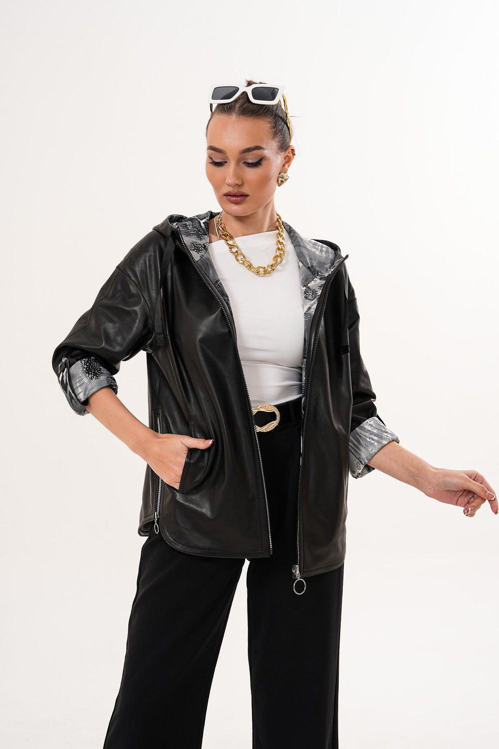 The Nyxara Reversible Hooded Black Leather Jacket Exclusive Style