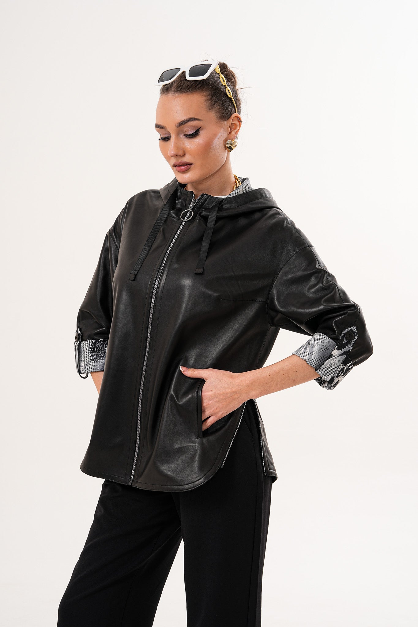 The Nyxara Reversible Hooded Black Leather Jacket Exclusive Style