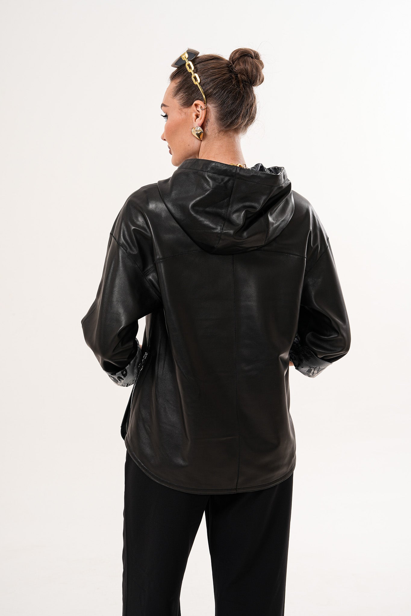 The Nyxara Reversible Hooded Black Leather Jacket Exclusive Style