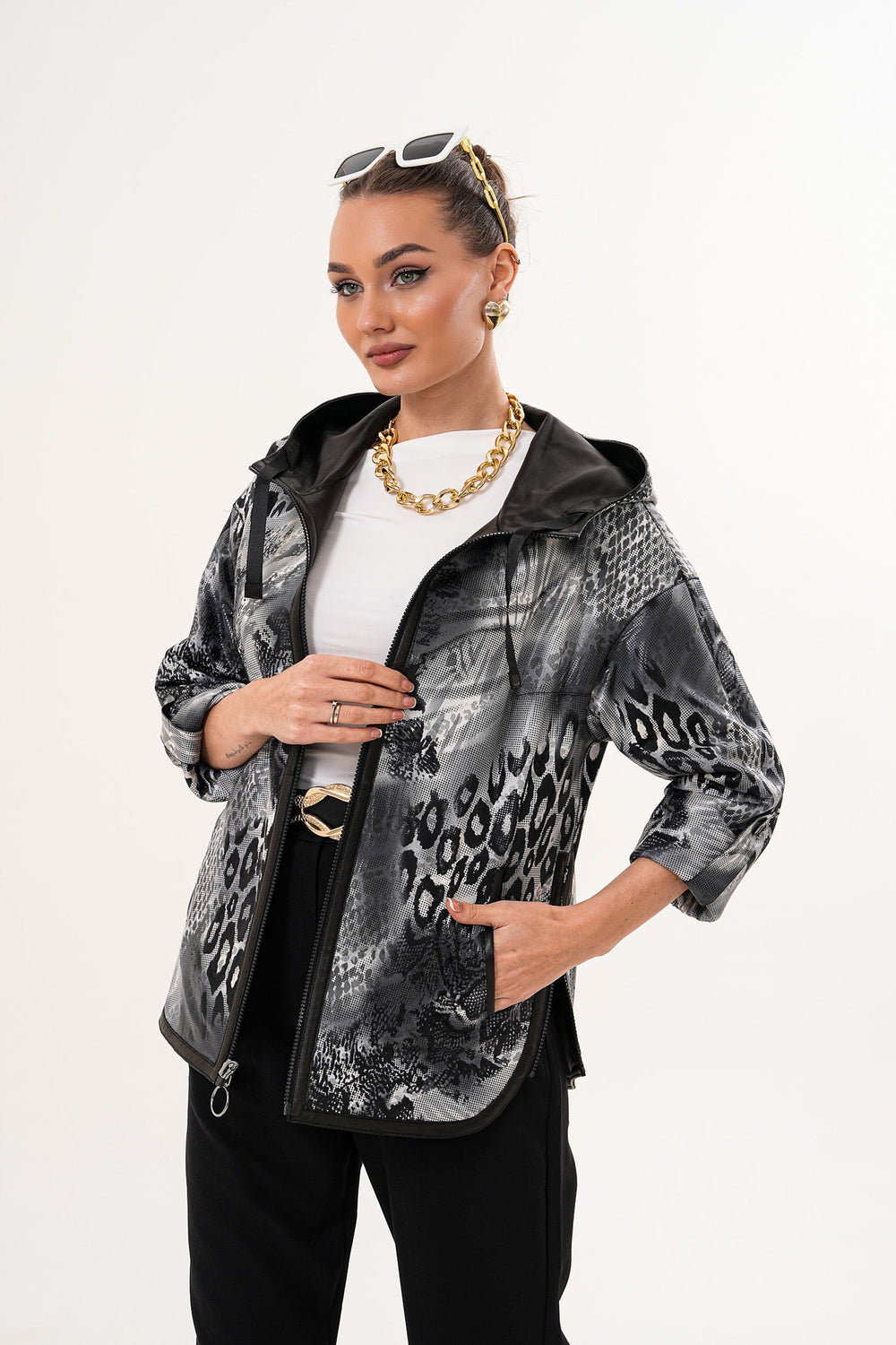 The Nyxara Reversible Hooded Black Leather Jacket Exclusive Style