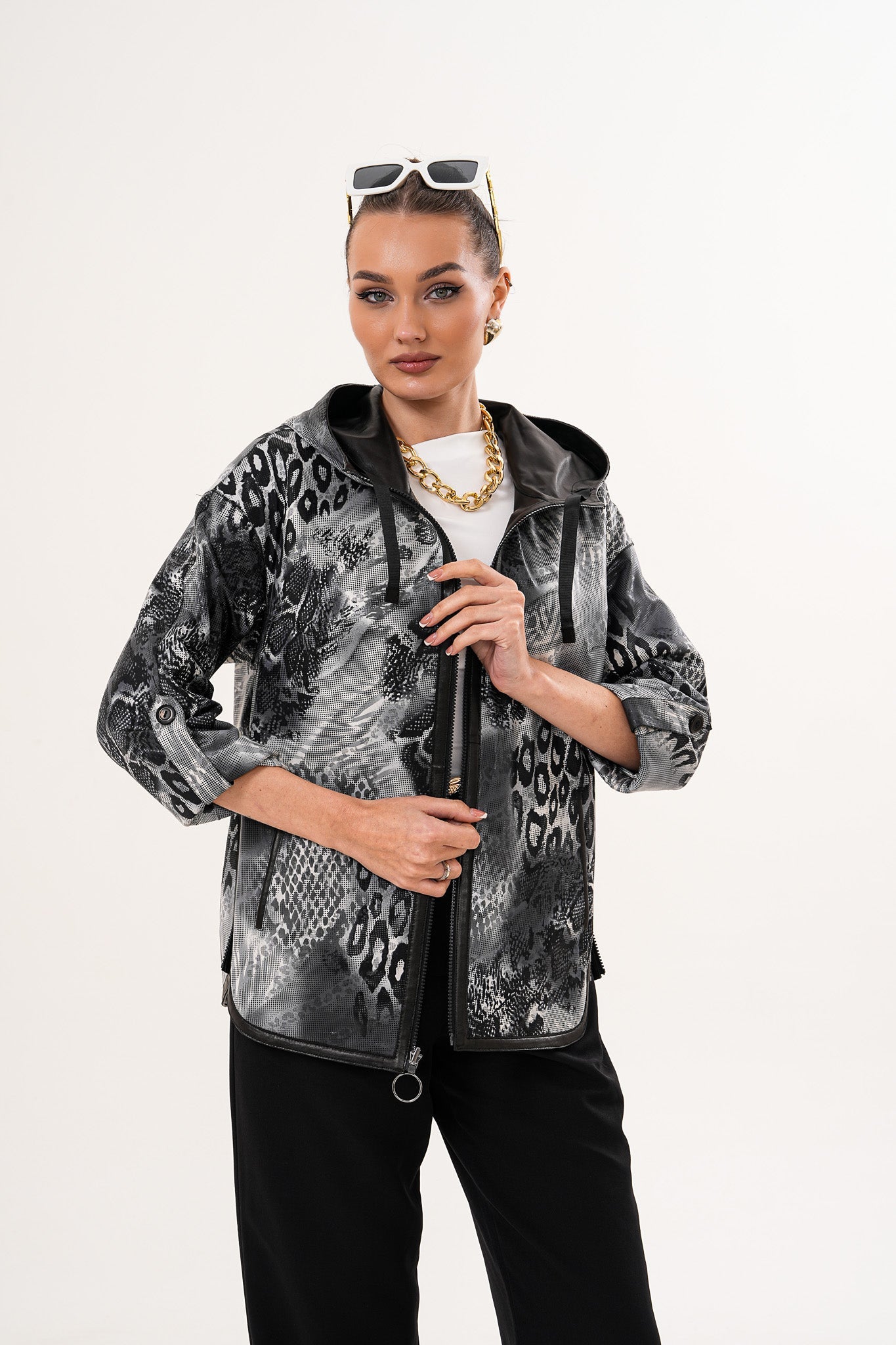 The Nyxara Reversible Hooded Black Leather Jacket Exclusive Style