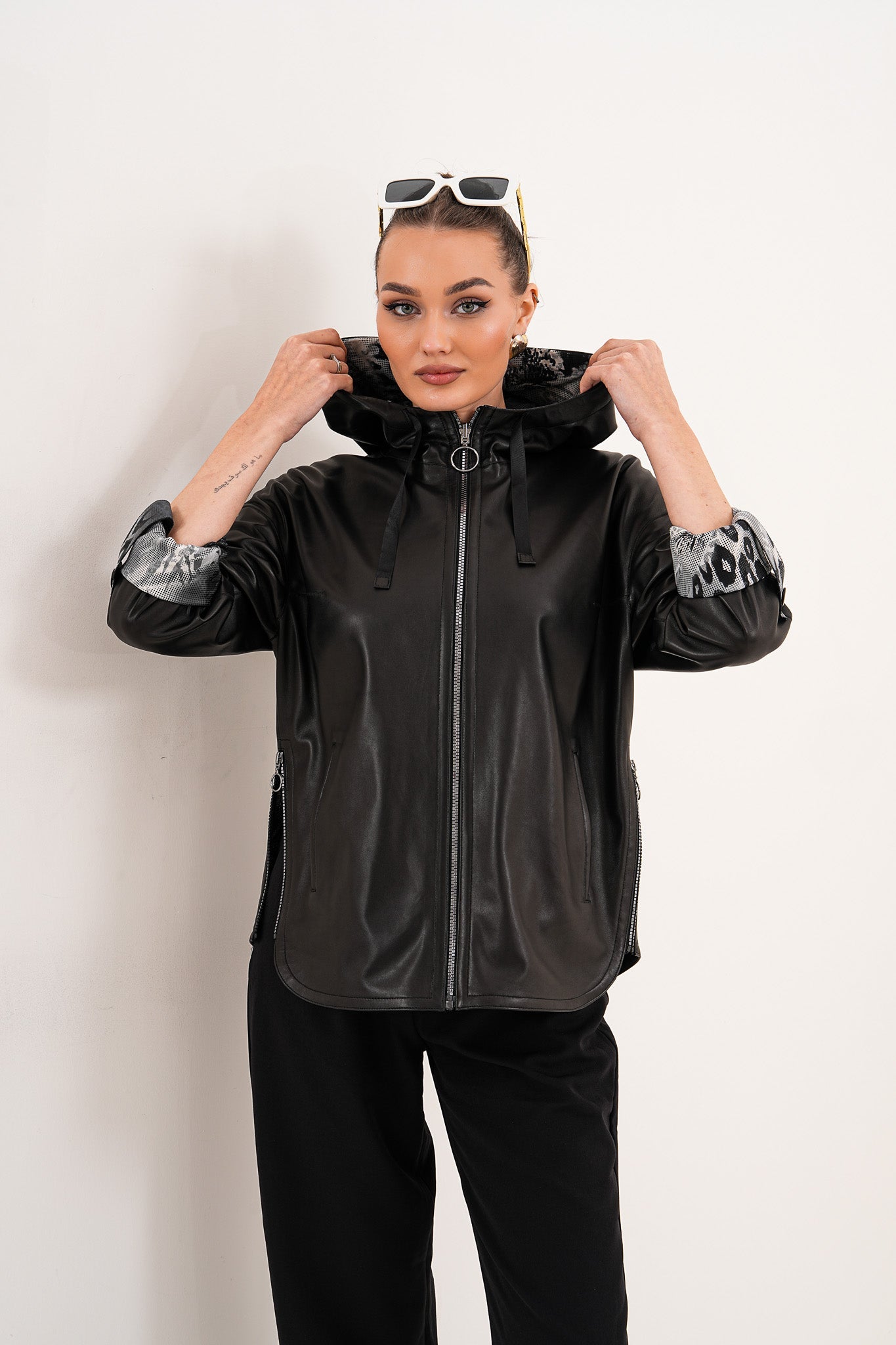 The Nyxara Reversible Hooded Black Leather Jacket Exclusive Style