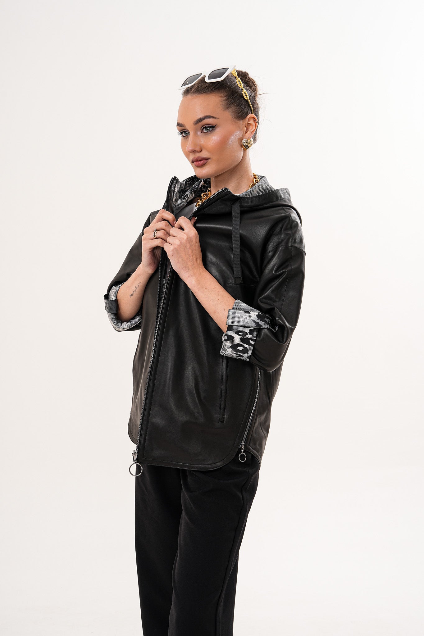 The Nyxara Reversible Hooded Black Leather Jacket Exclusive Style