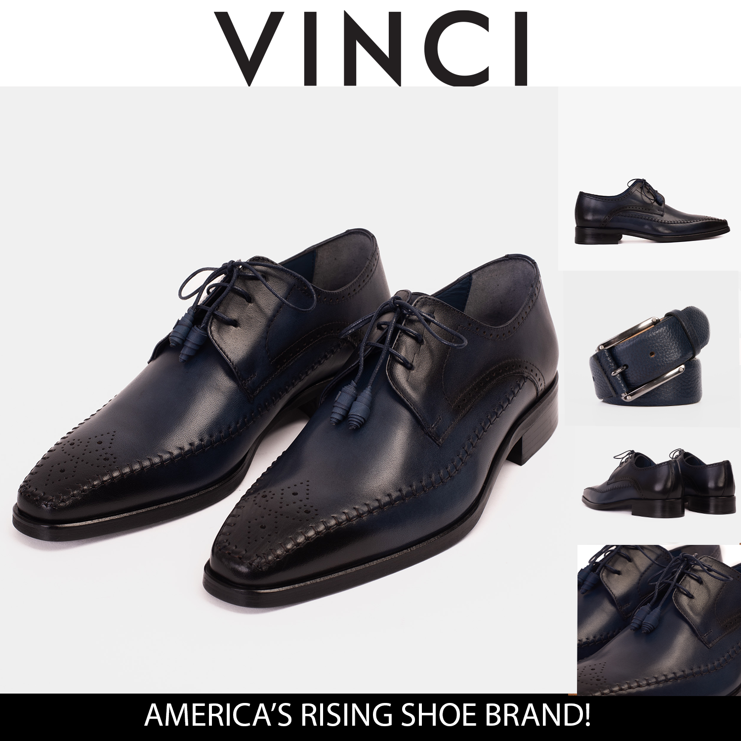 The Moon Navy Blue Leather Derby  Shoe For Sale
