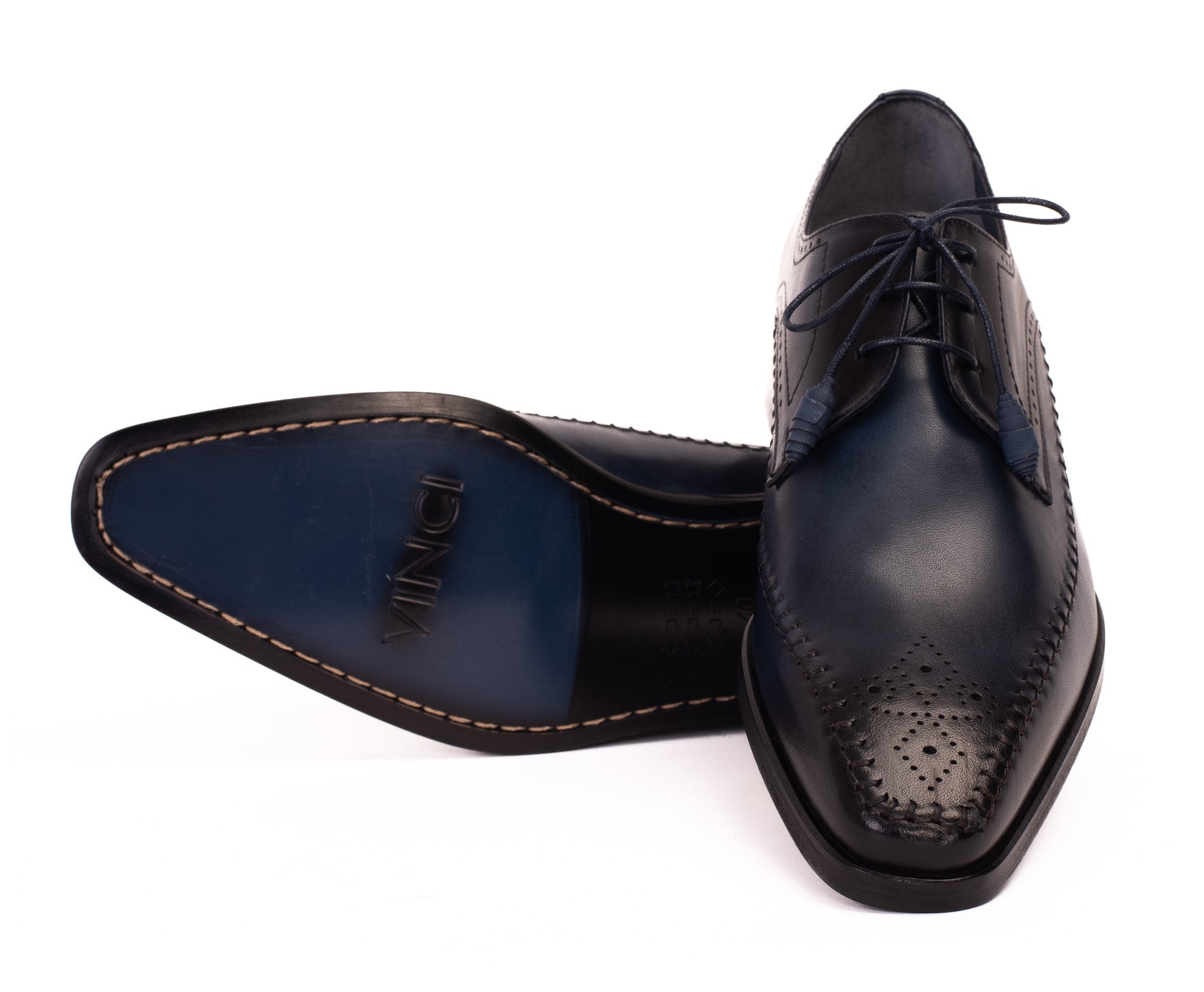 The Moon Navy Blue Leather Derby  Shoe For Sale
