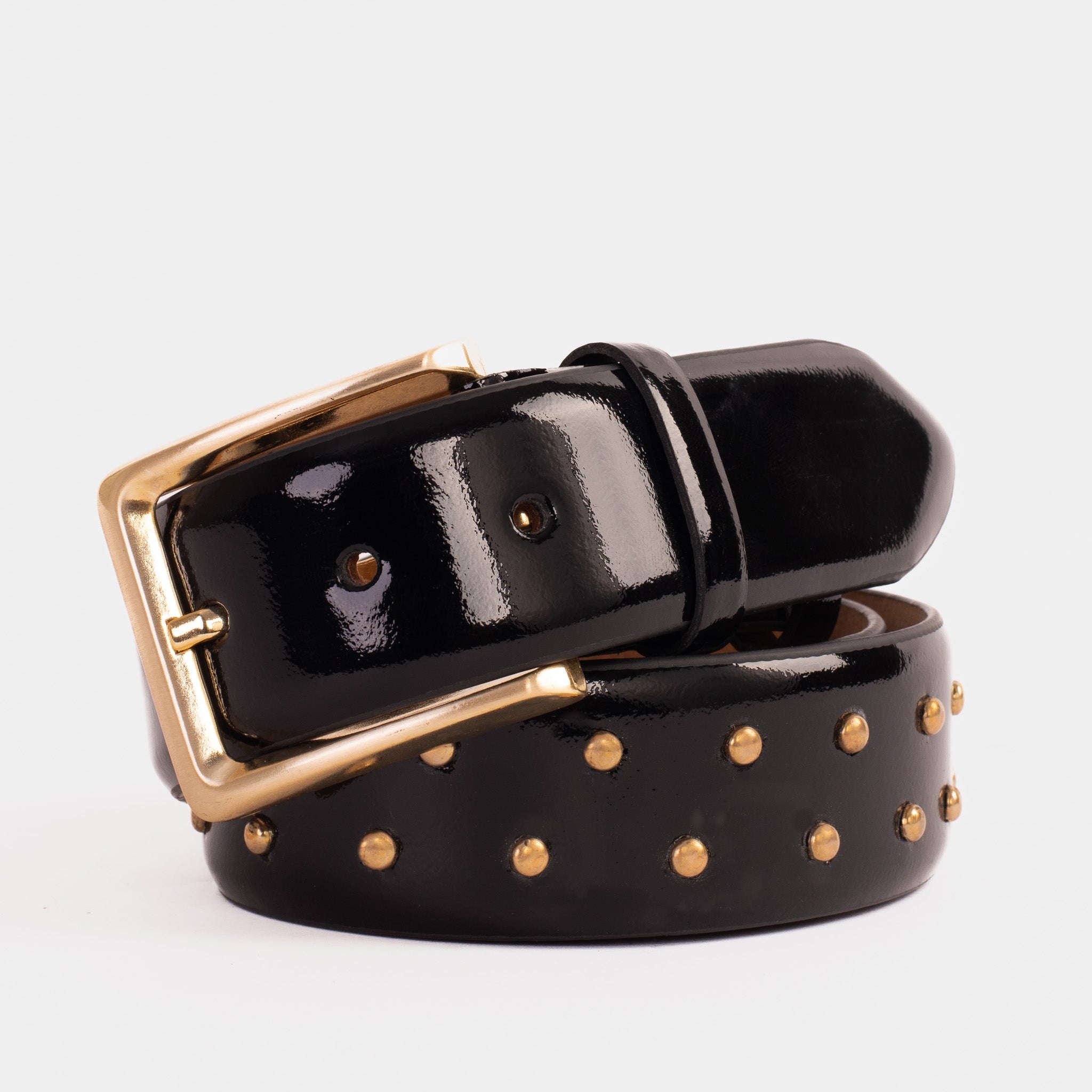 The Jupiter Black Patent Spike Leather Belt On Sale