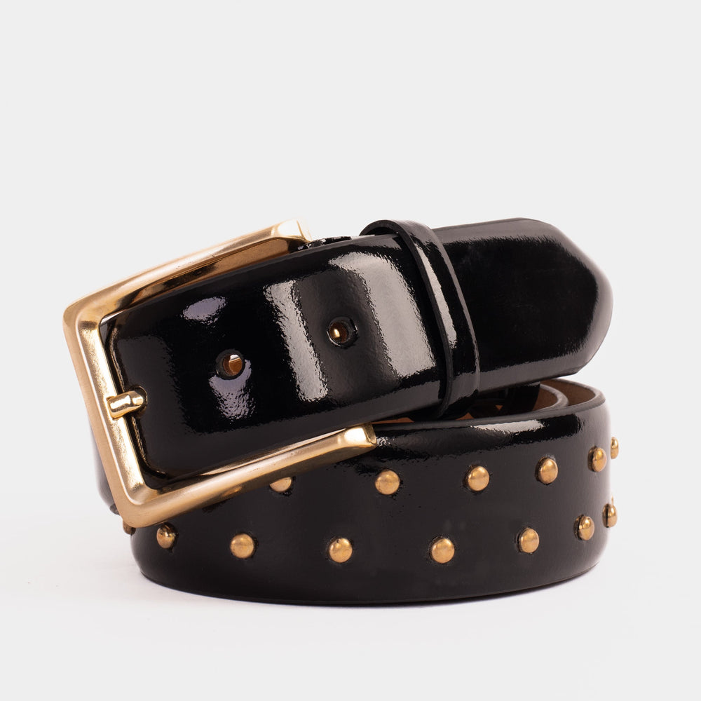 The Jupiter Black Patent Spike Leather Belt On Sale