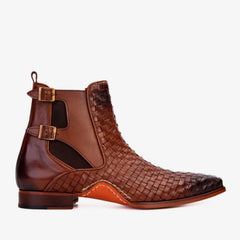 The Rolls Boot Woven Tan Leather Double Monk Strap Handmade Shoe Exclusive Style