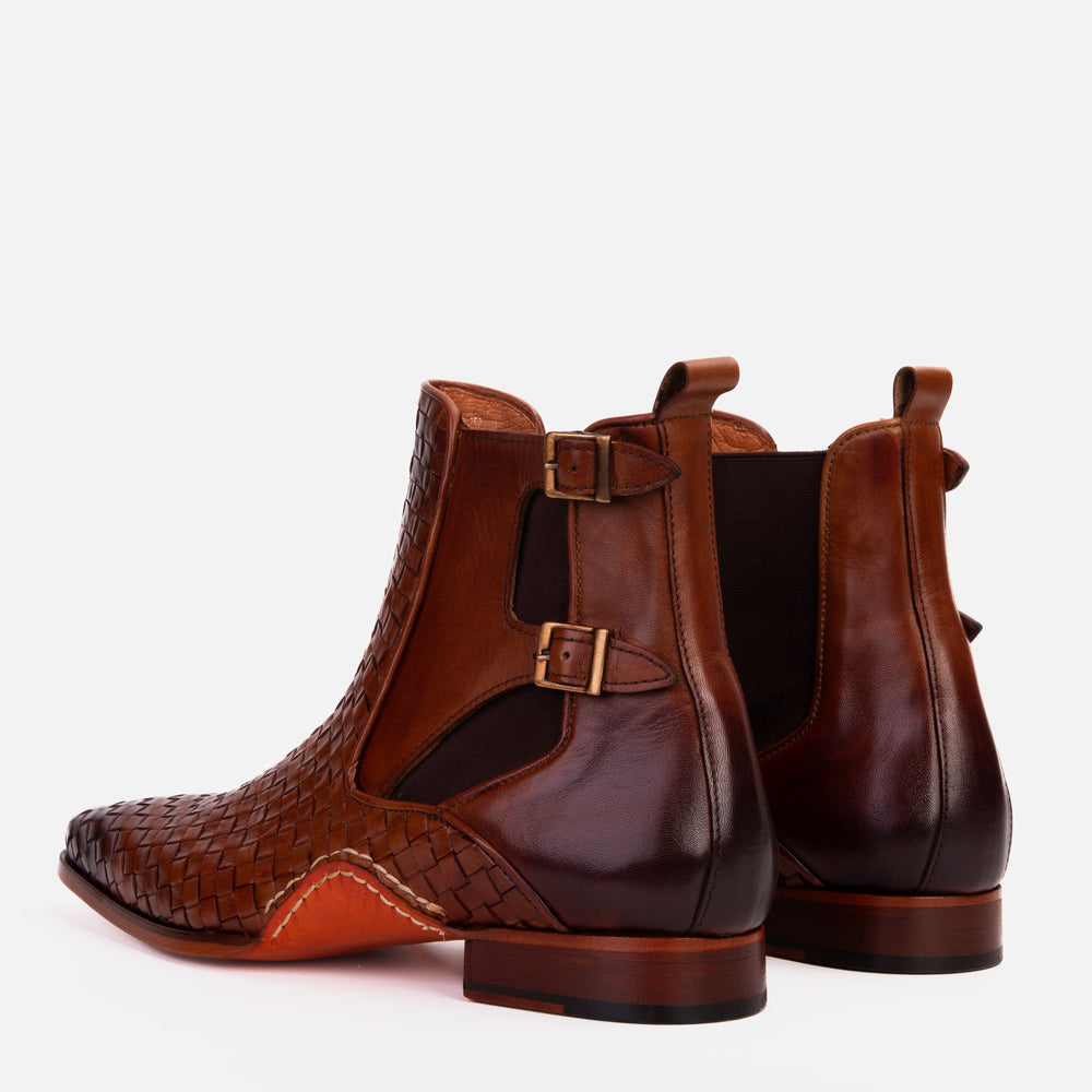 The Rolls Boot Woven Tan Leather Double Monk Strap Handmade Shoe Exclusive Style