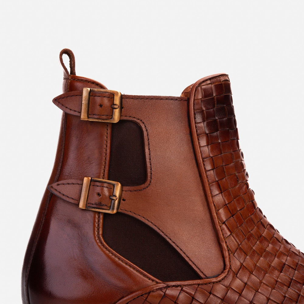 The Rolls Boot Woven Tan Leather Double Monk Strap Handmade Shoe Exclusive Style