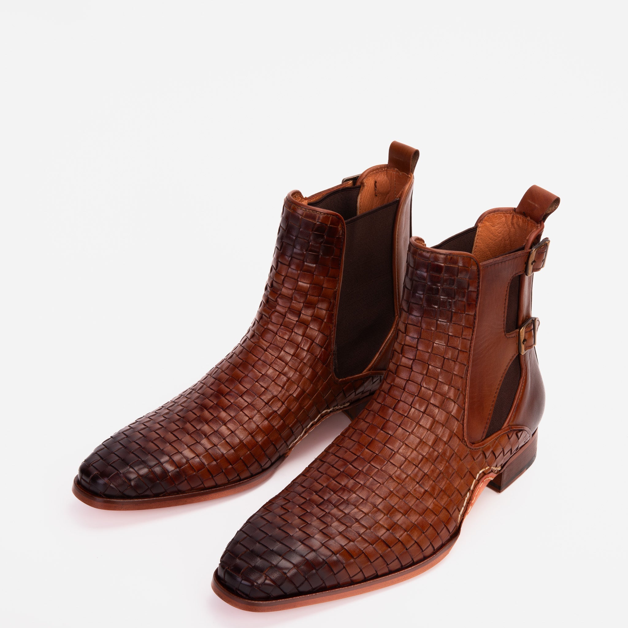 The Rolls Boot Woven Tan Leather Double Monk Strap Handmade Shoe Exclusive Style