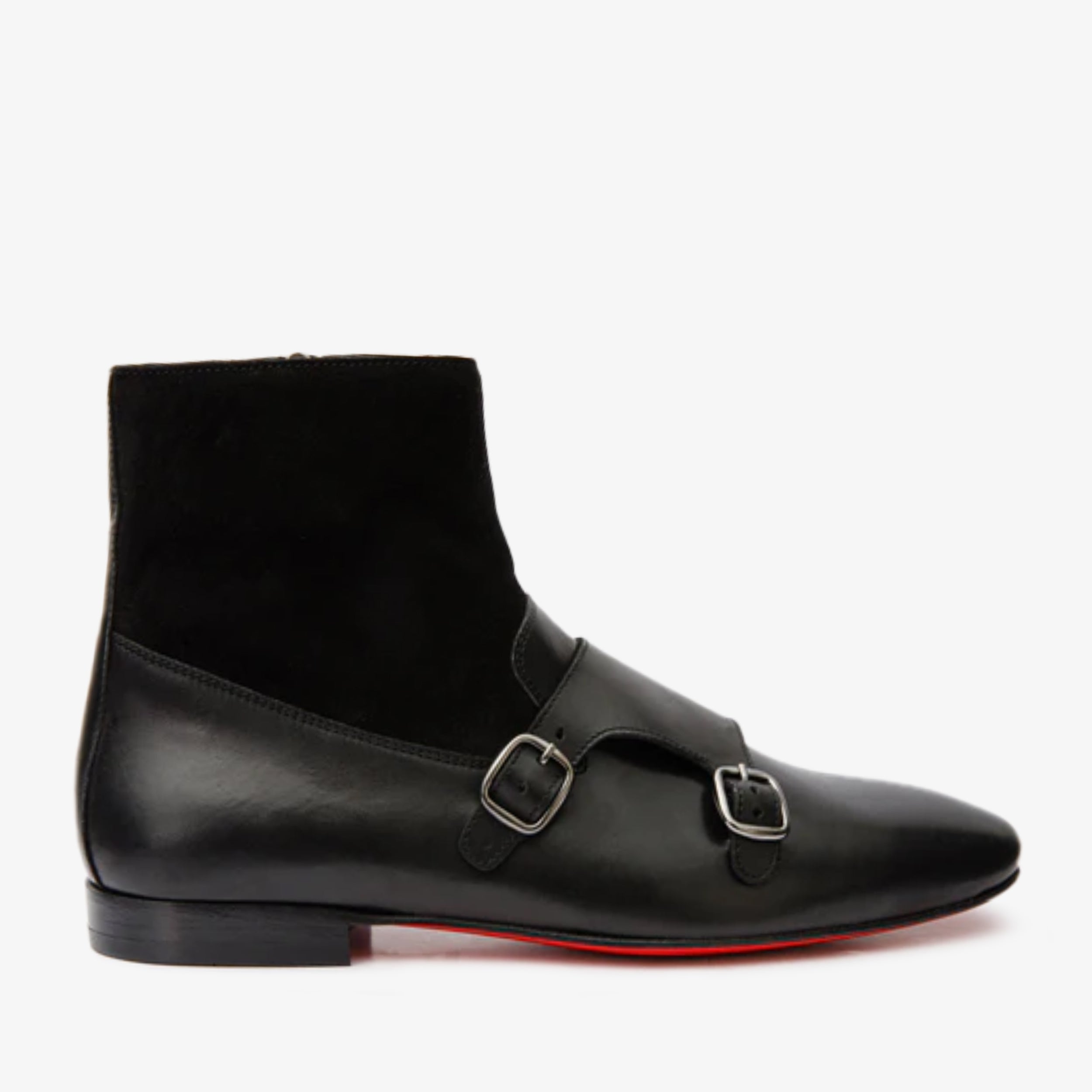 Preston Black Leather Suede Double Monk Strap Ankle Boot On Sale
