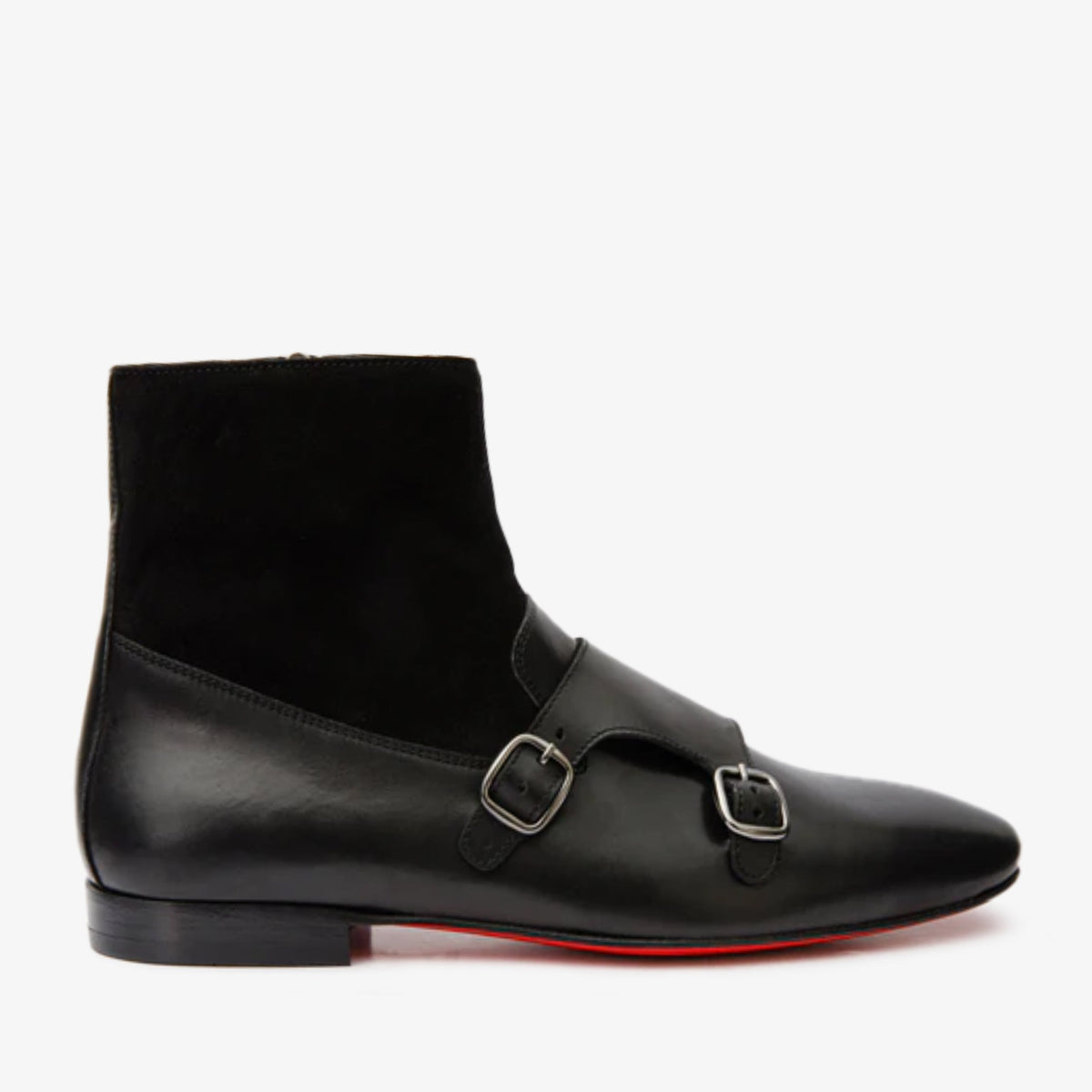 Preston Black Leather Suede Double Monk Strap Ankle Boot On Sale