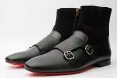 Preston Black Leather Suede Double Monk Strap Ankle Boot On Sale