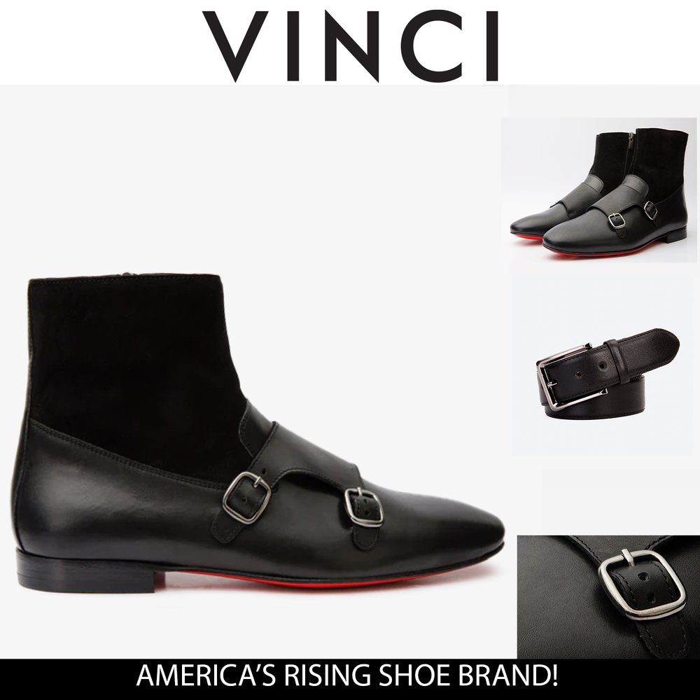 Preston Black Leather Suede Double Monk Strap Ankle Boot On Sale