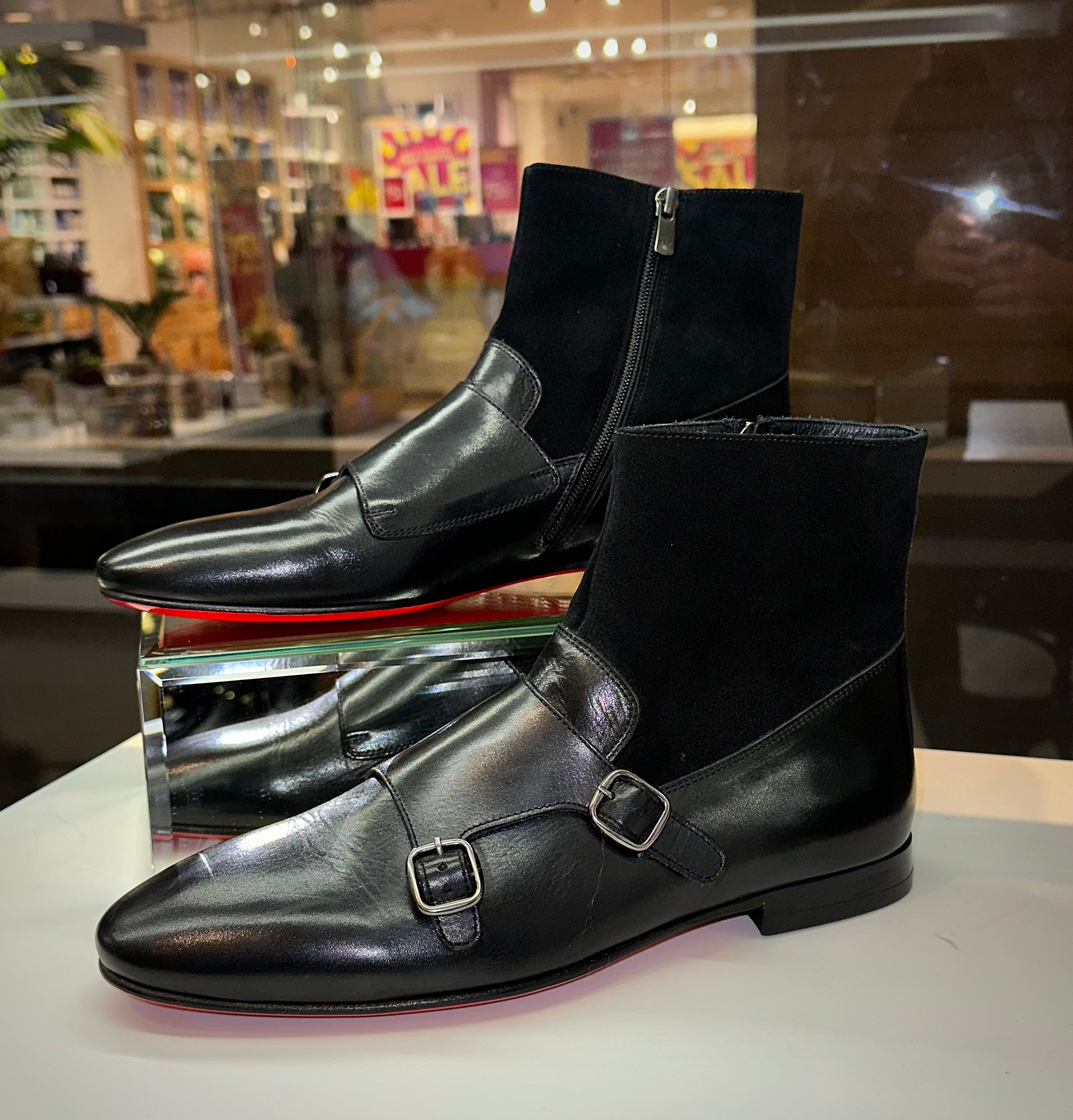 Preston Black Leather Suede Double Monk Strap Ankle Boot On Sale