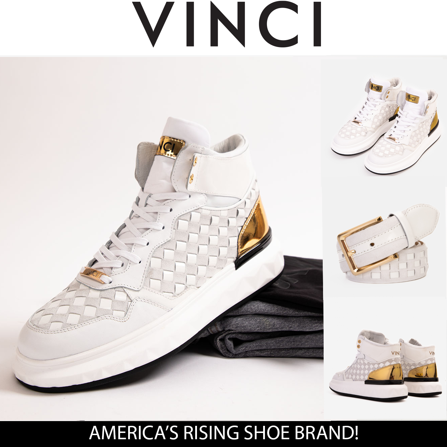 The Eugene White Gold Woven Leather High-Top Sneaker All New