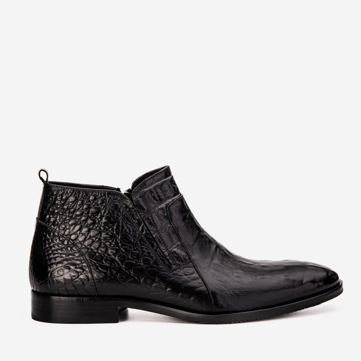 The Randor Black Crocodile Leather Side-Zip Dress Ankle Boot Fine Craftsmanship